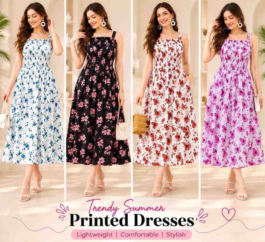 Women’s Printed Midi Dress 2026 – Soft Smocked Floral Style | Youteek 1 Soft & comfortable Women’s Printed Midi Dress featuring a stylish smocked fit and beautiful floral & butterfly prints. Available in multiple colours and sizes XS to L – perfect for casual wear, vacations and parties. Women’s Printed Midi Dress