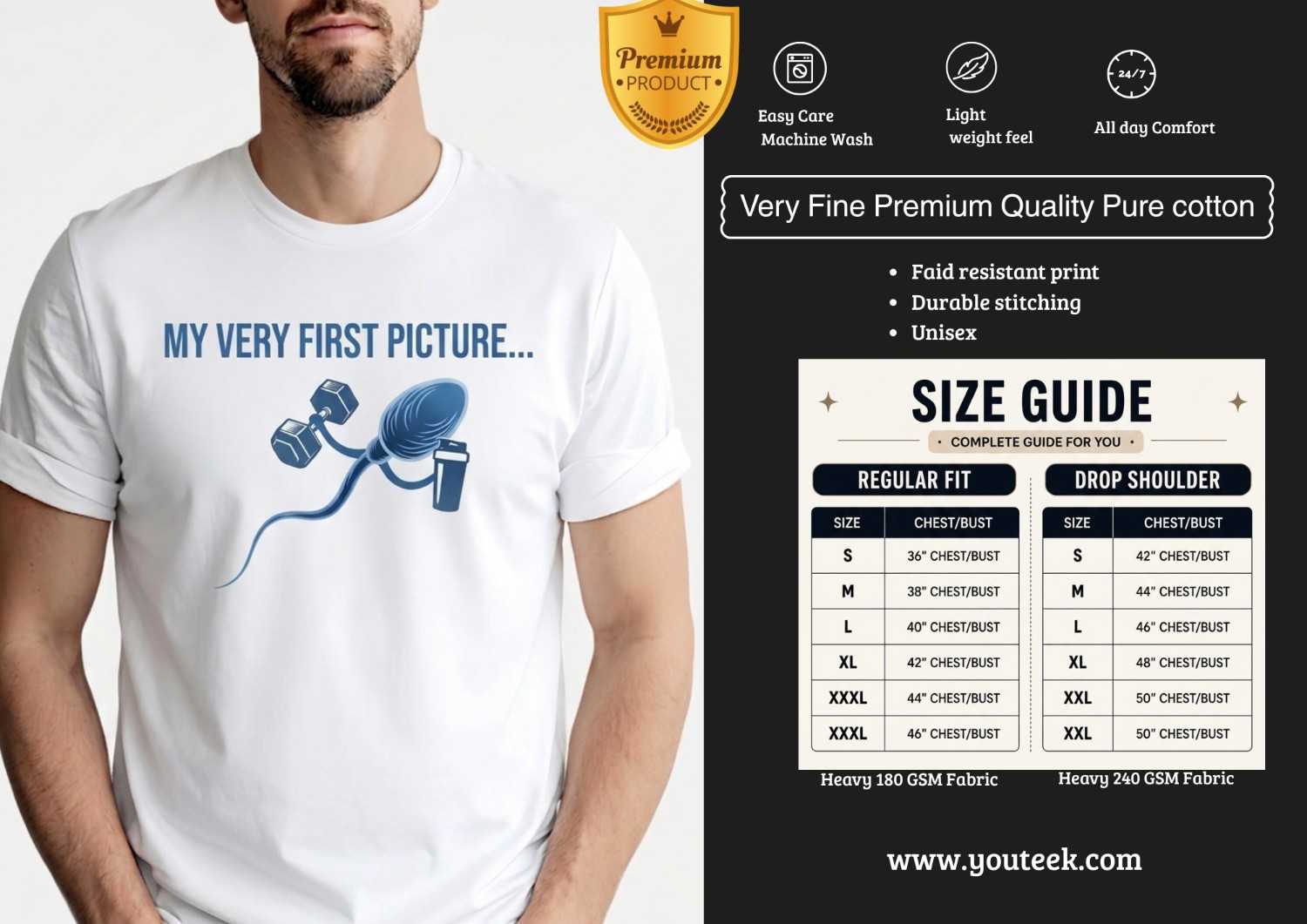 My Very First Picture Tshirt 2026 – Funny Gym Sperm Design Tee | Youteek 1 Hilarious My Very First Picture Tshirt featuring a sperm holding a dumbbell and sipper bottle on soft cotton fabric. The ultimate funny gym tee for fitness lovers with a great sense of humour. My Very First Picture Tshirt