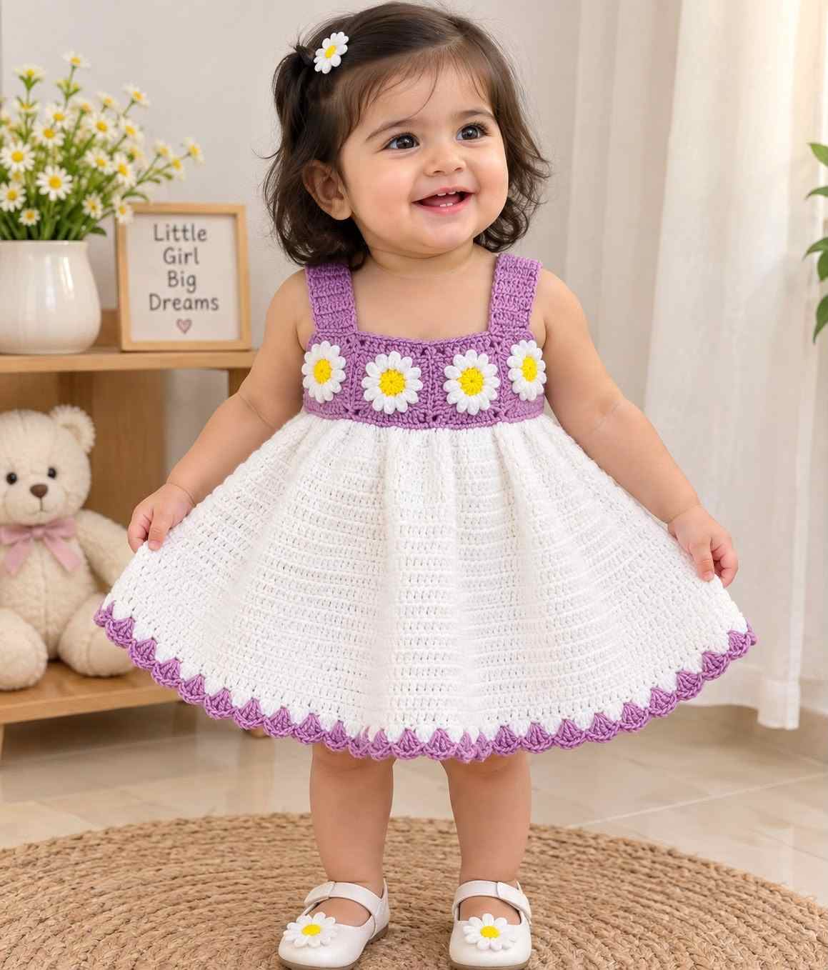 Handmade Crochet Baby Frock | 6 Months to 5 Years 3 Charming Handmade Crochet Baby Frock hand-knitted with skin-friendly, soft yarn. Designed for ages 6 months up to 5 years with vibrant color palettes, customizable fittings, and dispatch within 4–5 working days. Handmade Crochet Baby Frock | 6 Months to 5 Years