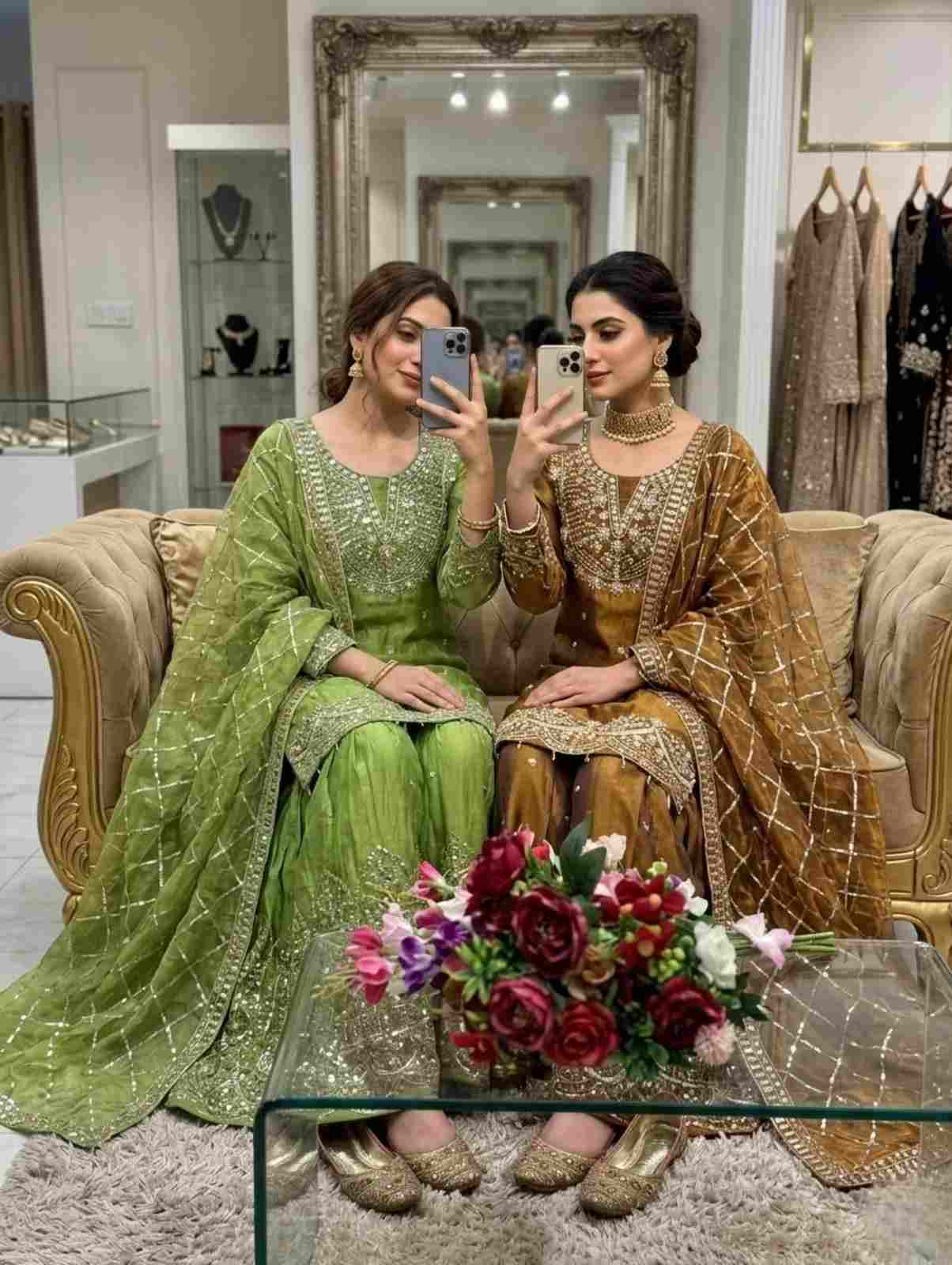 Trending Pure Fendy Silk Top Sarara Dupatta Set 1 Trending Pure Fendy-Silk top sarara and dupatta set embellished with heavy 5mm sequence embroidery and moti-latkan lace sleeves. Lined with breathable micro cotton for all-day comfort. Fully stitched in sizes M, L, XL, XXL. Trending Pure Fendy Silk Top Sarara Dupatta Set | WW-1256