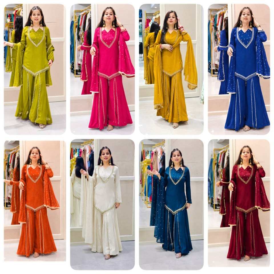 Roman Glass Real Mirror Work Kurti Plazzo Set 3 Designer festive wear Roman Glass kurti plazzo set featuring authentic real mirror embroidery, full sleeves, breathable micro cotton inner lining, and a Chanderi silk dupatta with lace border and pearl moti work. Fully stitched in sizes M, L, XL, XXL. Roman Glass Real Mirror Work Kurti Plazzo Set | JF-054