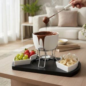Dual Platter Porcelain Fondue Set | with Wooden Tray