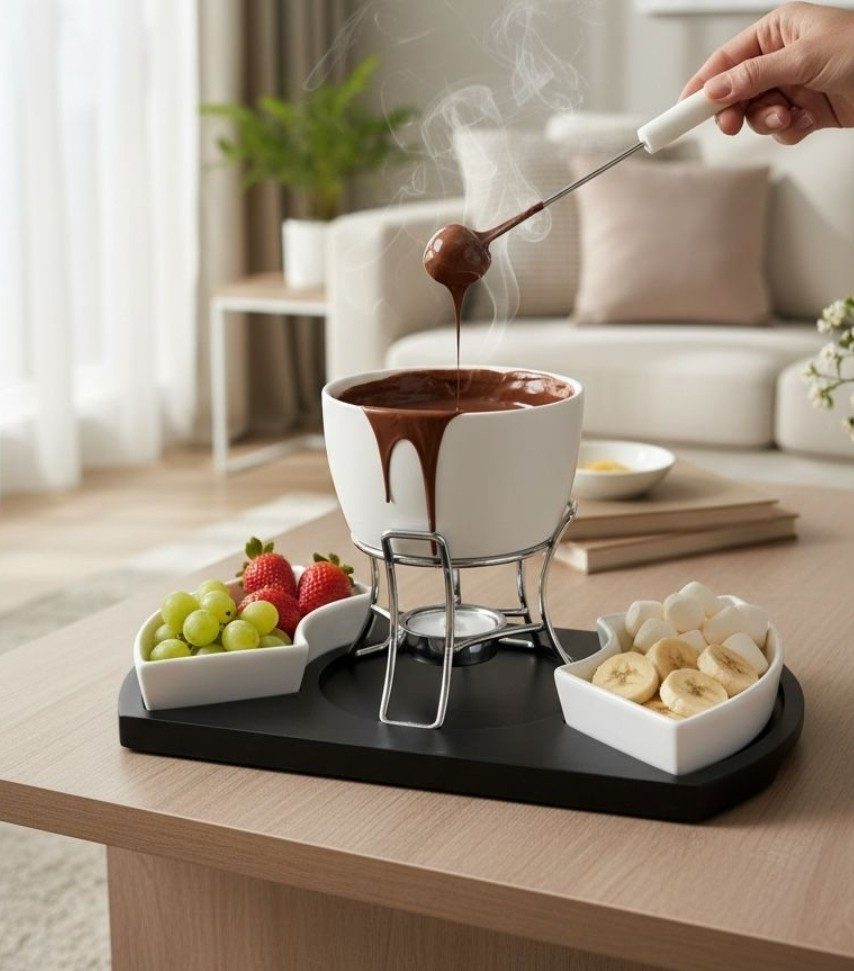 Dual Platter Porcelain Fondue Set | with Wooden Tray 1 Premium dual platter porcelain fondue set with wooden tray (27x17 cm) and height 14 cm. Perfect for parties, gatherings and gifting. Dual Platter Porcelain Fondue Set | with Wooden Tray