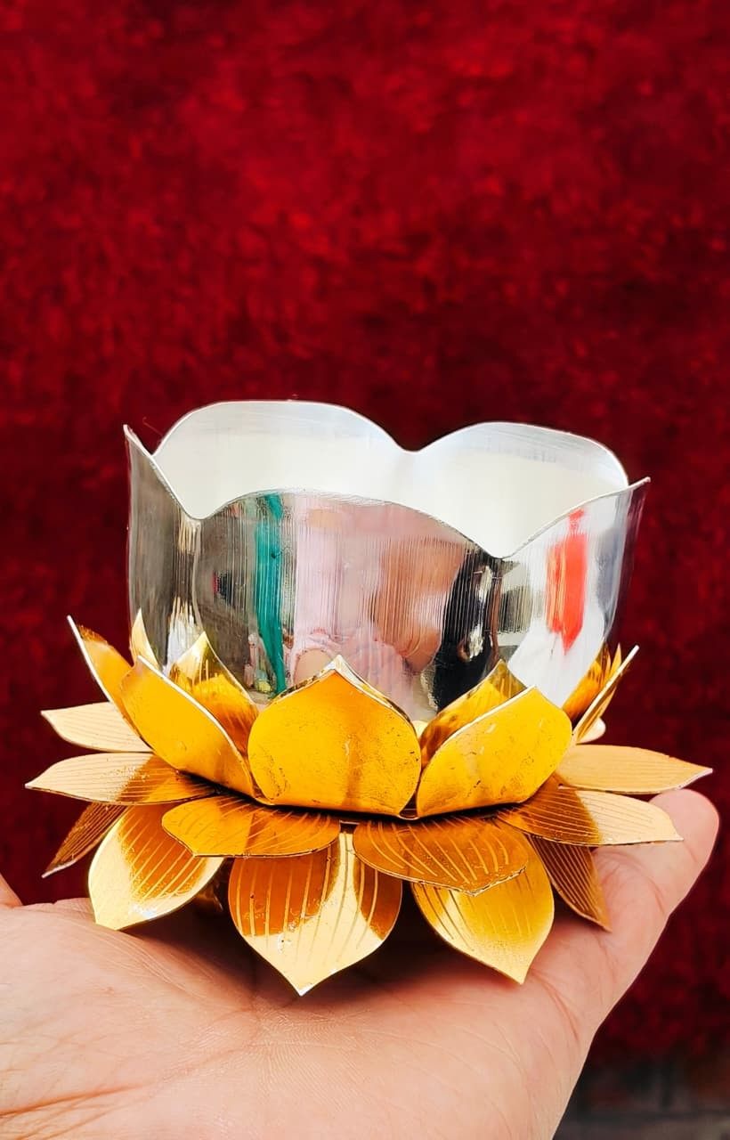 German Silver Lotus Prasad Bowl | Gold & Silver Finish 3 Elegant German silver lotus prasad bowl available in gold and silver finish. Size 4.5 inch. Perfect for puja, mandir and festive use. MOQ 2 pieces. German Silver Lotus Prasad Bowl | Gold & Silver Finish