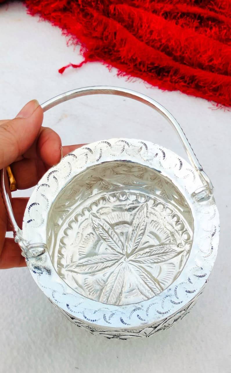 Antique German Silver Mini Urli | Flower Carving Basket 3 Antique German silver flower carving mini urli / basket. Width 4.5 inch, Height 3.5 inch. Perfect for home décor, puja and gifting. Antique German Silver Mini Urli | Flower Carving Basket