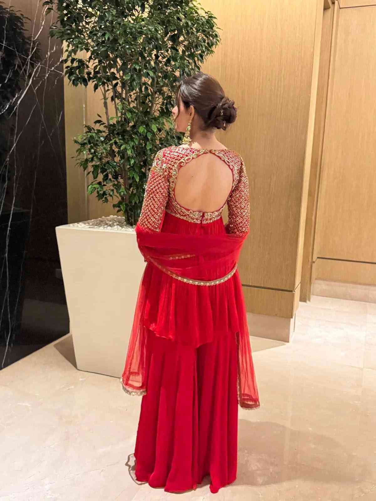 Royal Red Kediya Style Georgette Sharara Set 3 Royal Red kediya style georgette sharara set featuring zari and 5mm sequins embroidery, breathable micro inner lining, plain flared sharara, and matching lace-bordered georgette dupatta. Fully stitched in sizes M, L, XL, XXL. Royal Red Kediya Style Georgette Sharara Set | VF 214