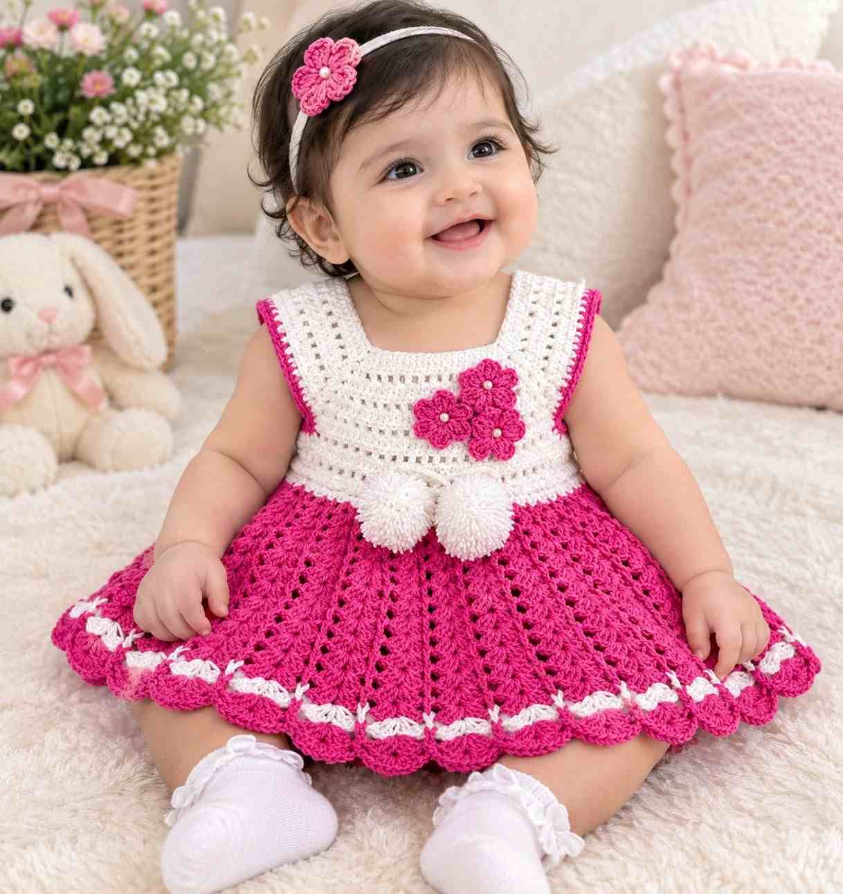 Handmade Crochet Baby Frock | 6 Months to 5 Years 1 Charming Handmade Crochet Baby Frock hand-knitted with skin-friendly, soft yarn. Designed for ages 6 months up to 5 years with vibrant color palettes, customizable fittings, and dispatch within 4–5 working days. Handmade Crochet Baby Frock | 6 Months to 5 Years