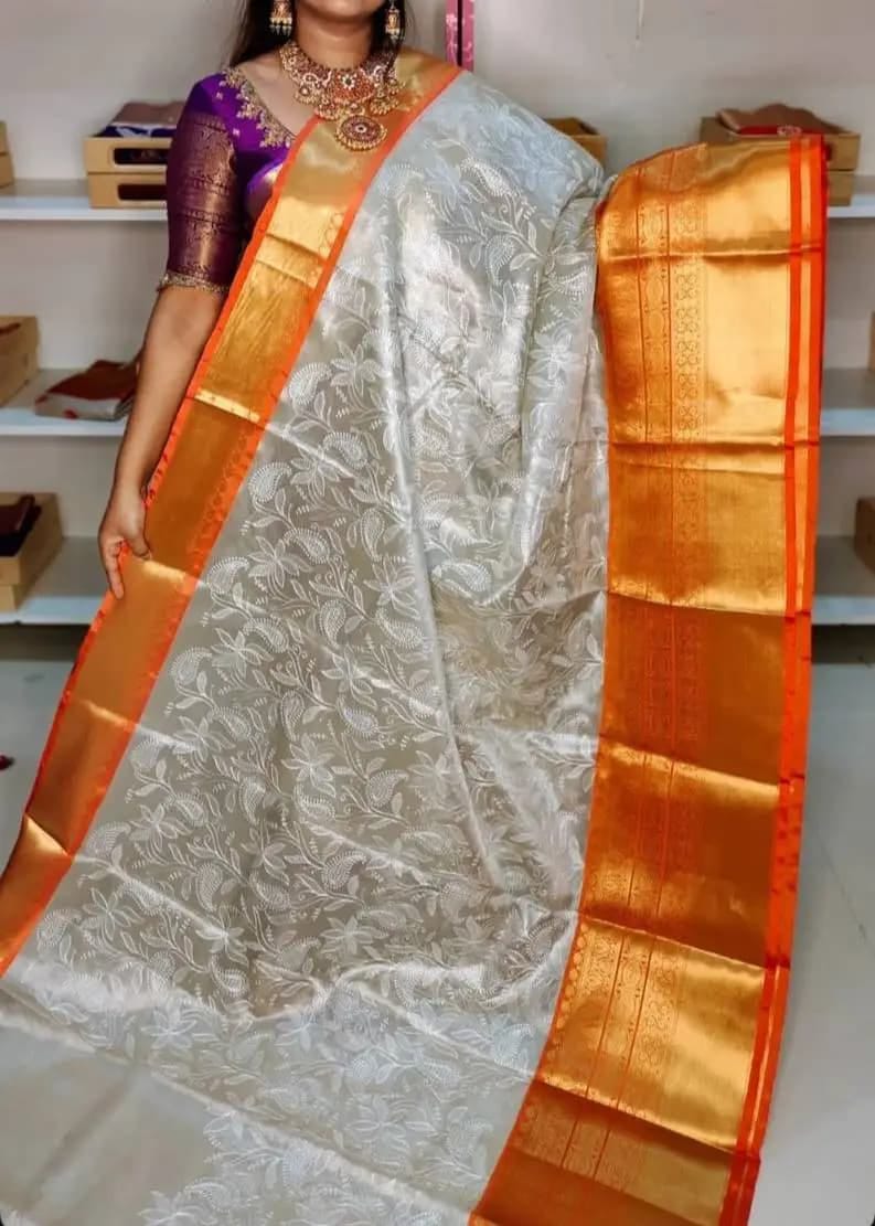 Kanjivaram Embroidery Soft Silk Saree | Light Weight with Chikankari 3 Timeless soft silk saree with Kanjivaram embroidery and Chikankari work. Super hit border design. Light weight. Ready in 2 days. Available for single and bulk orders. Kanjivaram Embroidery Soft Silk Saree | Light Weight with Chikankari