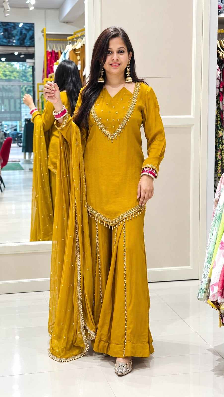 Roman Glass Real Mirror Work Kurti Plazzo Set 2 Designer festive wear Roman Glass kurti plazzo set featuring authentic real mirror embroidery, full sleeves, breathable micro cotton inner lining, and a Chanderi silk dupatta with lace border and pearl moti work. Fully stitched in sizes M, L, XL, XXL. Roman Glass Real Mirror Work Kurti Plazzo Set | JF-054