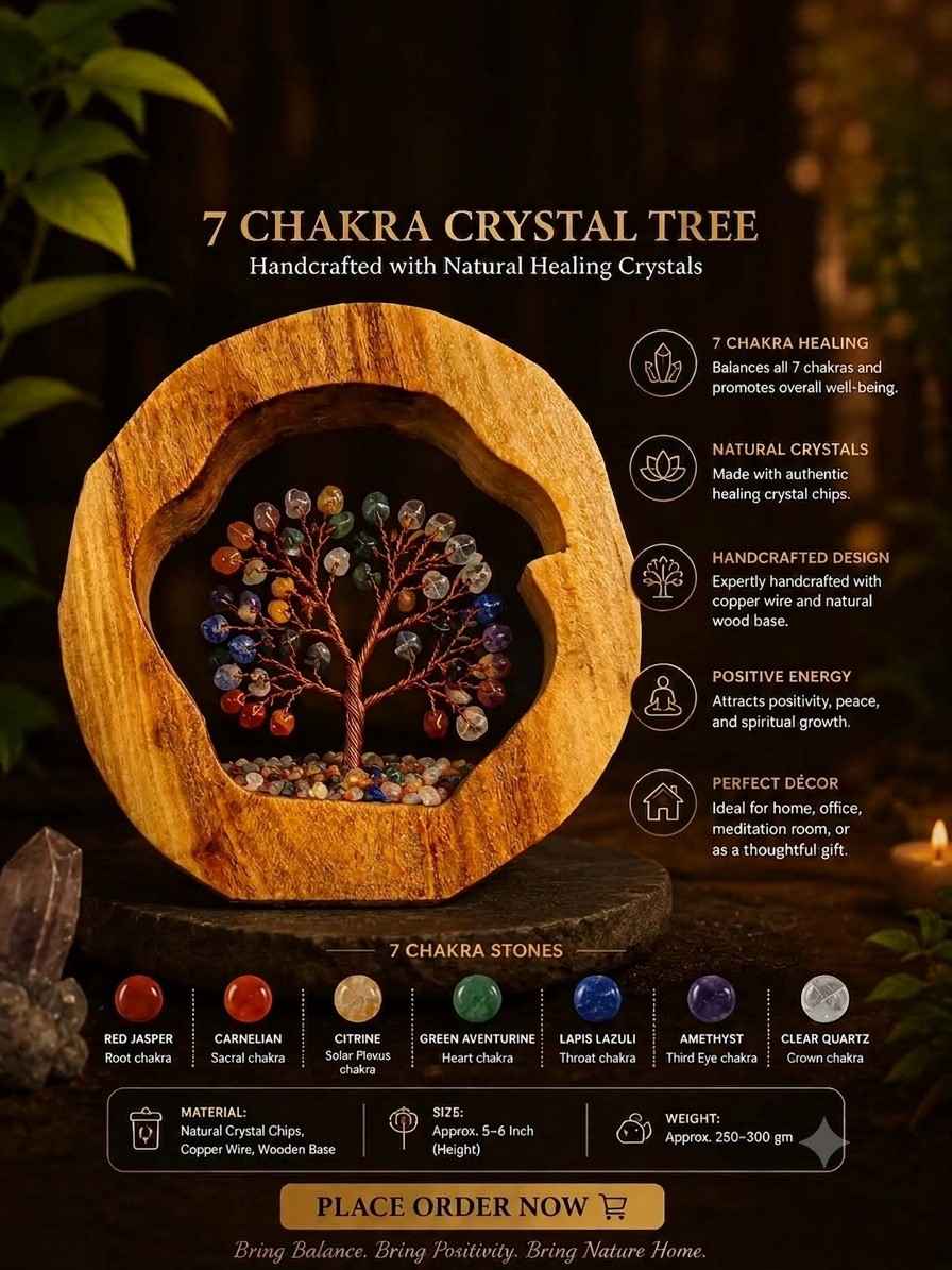 7 Chakra Crystal Tree in Wooden Frame | Handmade Crystal Décor – Youteek 1 Handcrafted 7 Chakra Crystal Tree in Wooden Frame with genuine multi-colored chakra gemstones and copper wire branches. Set in a rustic circular wooden frame. Ideal for home, office, meditation spaces and gifting. 7 Chakra Crystal Tree in Wooden Frame