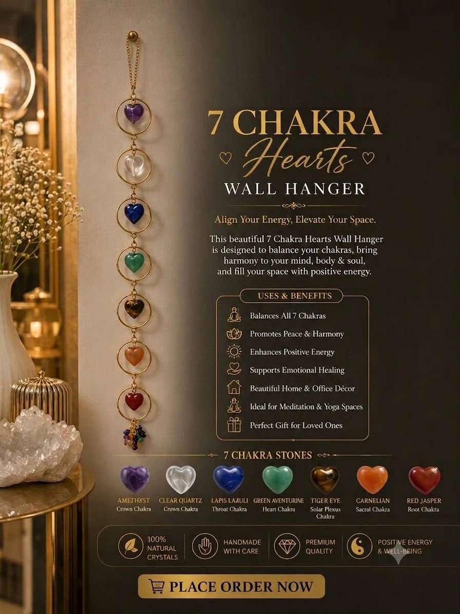 7 Chakra Hearts Wall Hanger | Natural Crystal Décor – Youteek 1 Handcrafted 7 Chakra Hearts Wall Hanger with 100% natural crystals. Supports chakra balancing, meditation and positive energy. Beautiful for home, office, yoga spaces and as a spiritual gift. 7 Chakra Hearts Wall Hanger