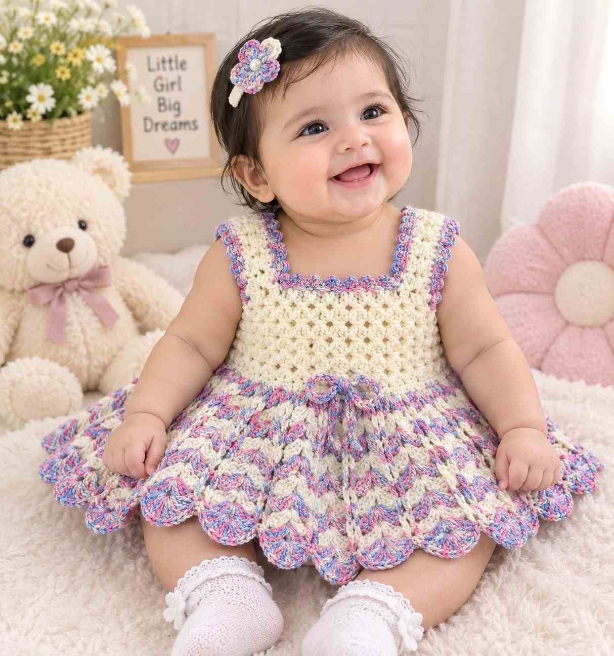 Handmade Crochet Baby Frock | 6 Months to 5 Years 5 Charming Handmade Crochet Baby Frock hand-knitted with skin-friendly, soft yarn. Designed for ages 6 months up to 5 years with vibrant color palettes, customizable fittings, and dispatch within 4–5 working days. Handmade Crochet Baby Frock | 6 Months to 5 Years