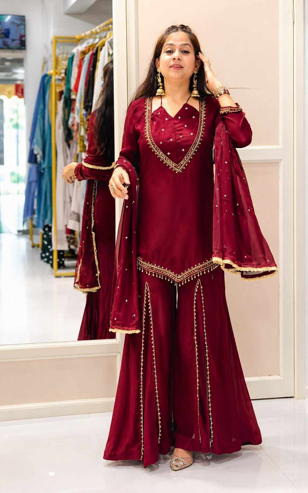 Roman Glass Real Mirror Work Kurti Plazzo Set 1 Designer festive wear Roman Glass kurti plazzo set featuring authentic real mirror embroidery, full sleeves, breathable micro cotton inner lining, and a Chanderi silk dupatta with lace border and pearl moti work. Fully stitched in sizes M, L, XL, XXL. Roman Glass Real Mirror Work Kurti Plazzo Set | JF-054