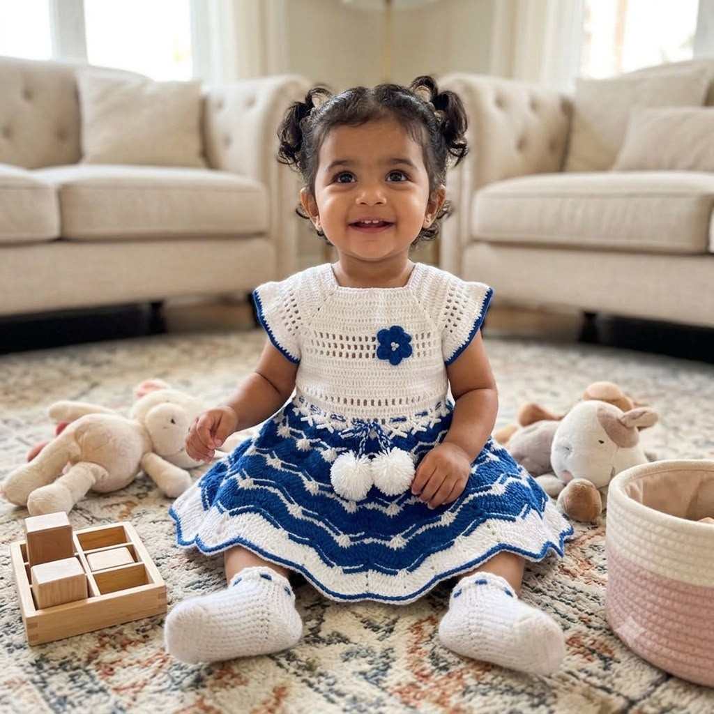 Handmade Crochet Baby Frock | 6 Months to 5 Years 6 Charming Handmade Crochet Baby Frock hand-knitted with skin-friendly, soft yarn. Designed for ages 6 months up to 5 years with vibrant color palettes, customizable fittings, and dispatch within 4–5 working days. Handmade Crochet Baby Frock | 6 Months to 5 Years
