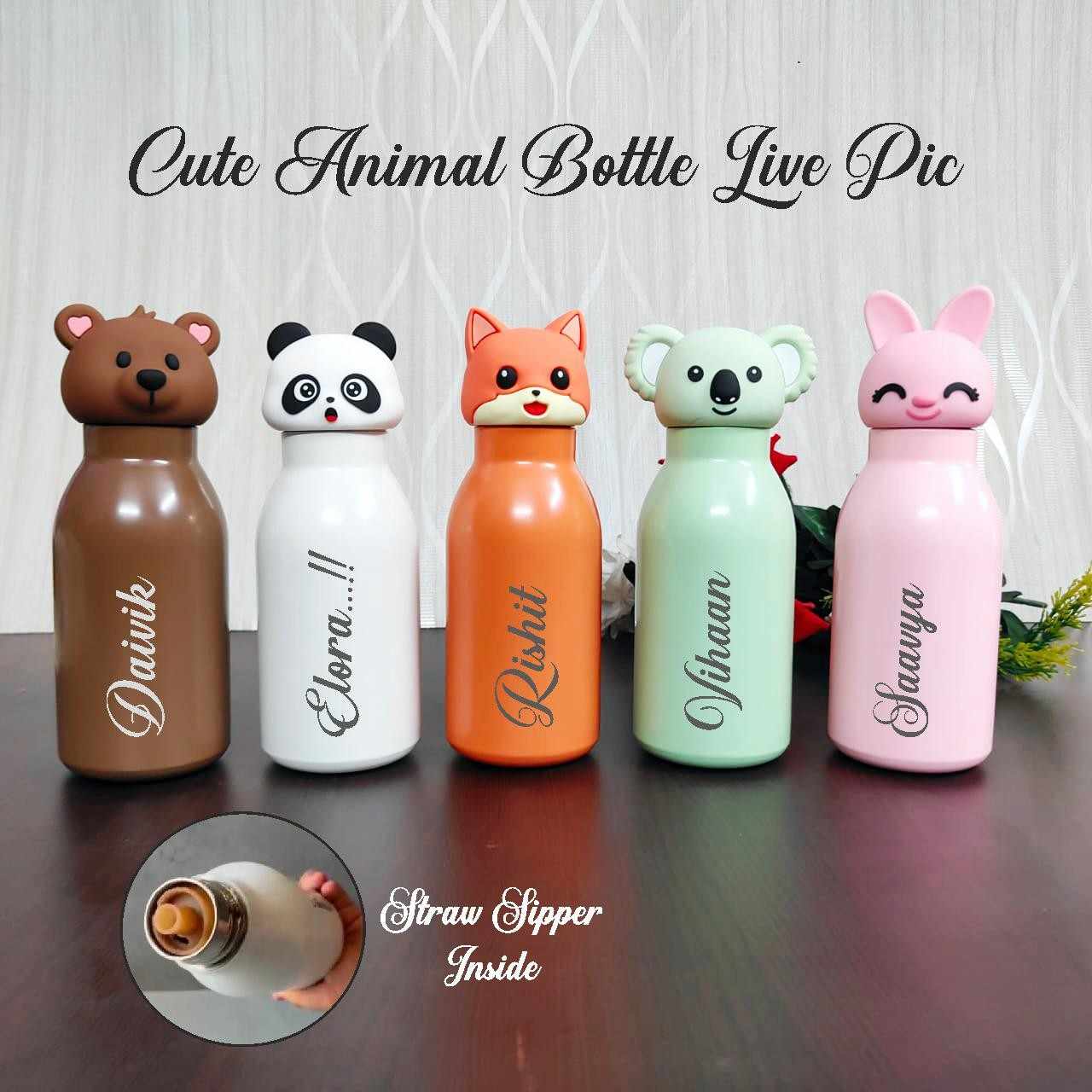 Animal Theme Customised Flask | 450 ML Stainless Steel – Youteek 2 Animal Theme Customised Flask – Stainless steel flask with silicon animal cap/head and straw. 450 ML capacity. Any name can be customised. Available in 5 themes. Making time 3 days. Animal Theme Customised Flask | 450 ML Stainless Steel – Youteek - Image 2