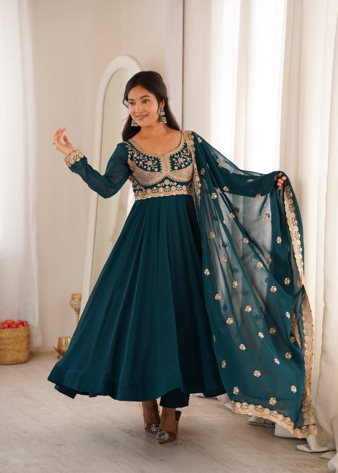 Blooming Georgette Gown Set 2026 | Sequence Embroidery Wedding Wear 3 Designer Blooming Georgette Gown Set with sequence embroidery on front & back, approx 4 meter flair, micro cotton inner, free size pant and matching embroidered dupatta. Fully stitched, S to XXL. Blooming Georgette Gown Set 2026 | Sequence Embroidery Wedding Wear - Image 3