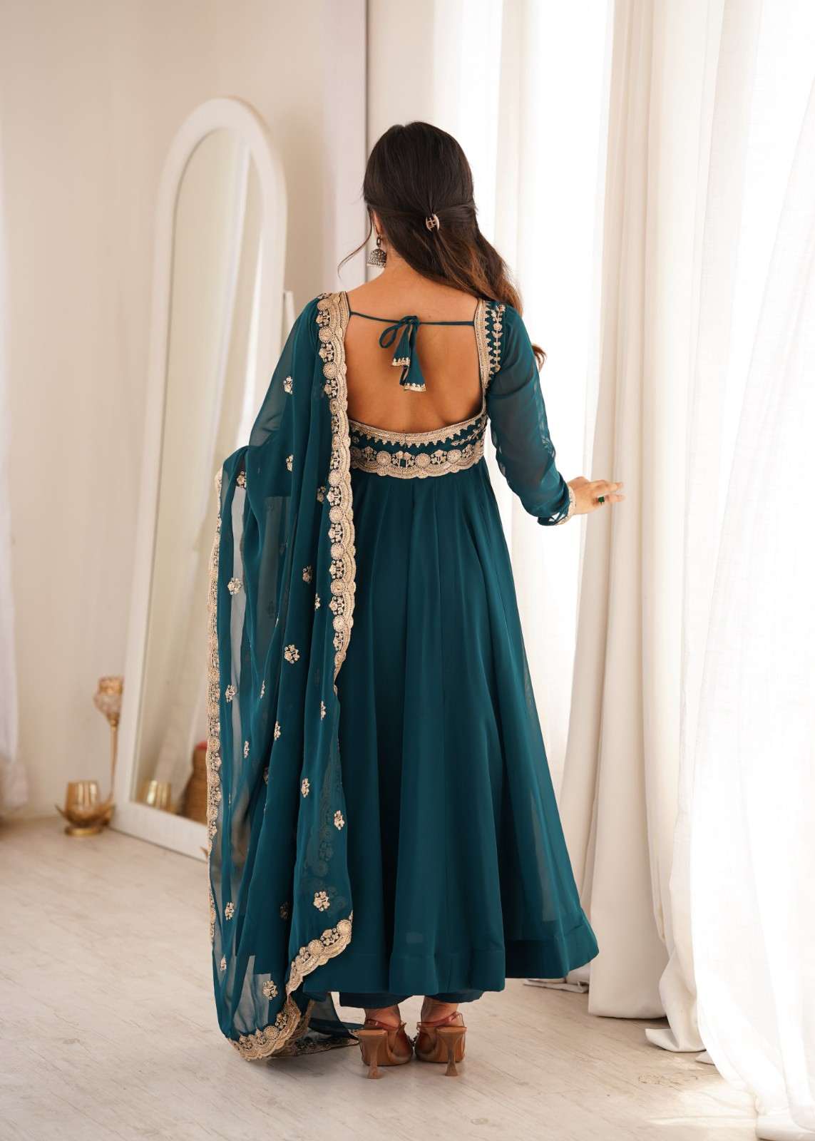 Blooming Georgette Gown Set 2026 | Sequence Embroidery Wedding Wear 2 Designer Blooming Georgette Gown Set with sequence embroidery on front & back, approx 4 meter flair, micro cotton inner, free size pant and matching embroidered dupatta. Fully stitched, S to XXL. Blooming Georgette Gown Set 2026 | Sequence Embroidery Wedding Wear - Image 2