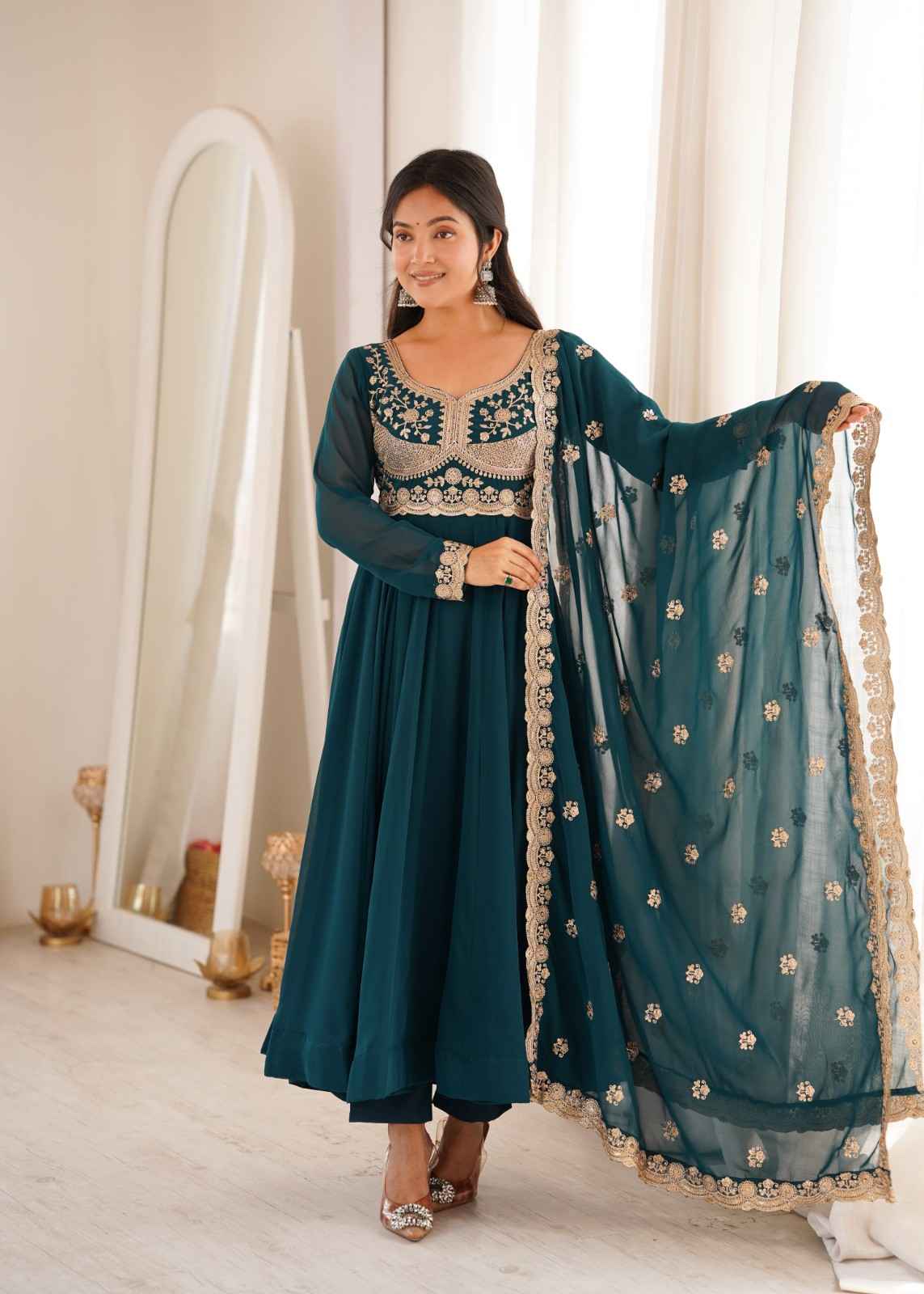 Blooming Georgette Gown Set 2026 | Sequence Embroidery Wedding Wear 1 Designer Blooming Georgette Gown Set with sequence embroidery on front & back, approx 4 meter flair, micro cotton inner, free size pant and matching embroidered dupatta. Fully stitched, S to XXL. Blooming Georgette Gown Set