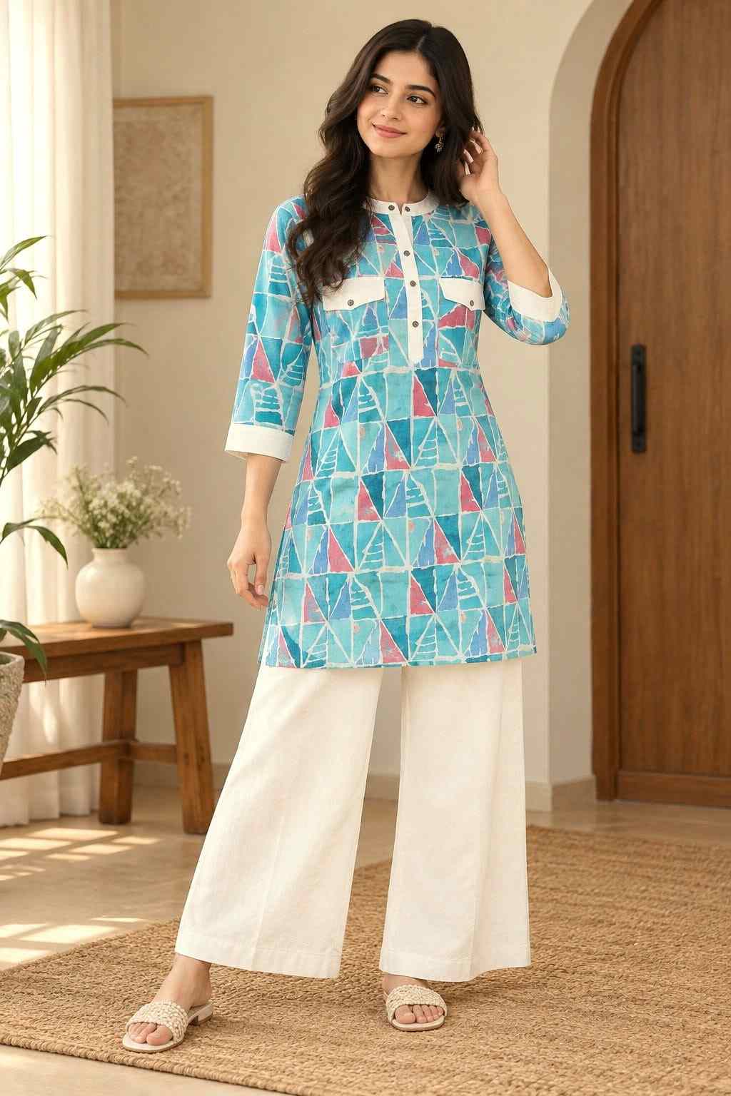 Classy Geometric Co-ord Set | Fully Printed Cotton – Youteek 1 Classy Geometric Co-ord Set – Finest cotton fully printed top and pants with geometric design. Top length 28 inches, pants 38 inches. Sizes S to 6XL (36 to 52 chest). Ready to dispatch. Classy Geometric Co-ord Set