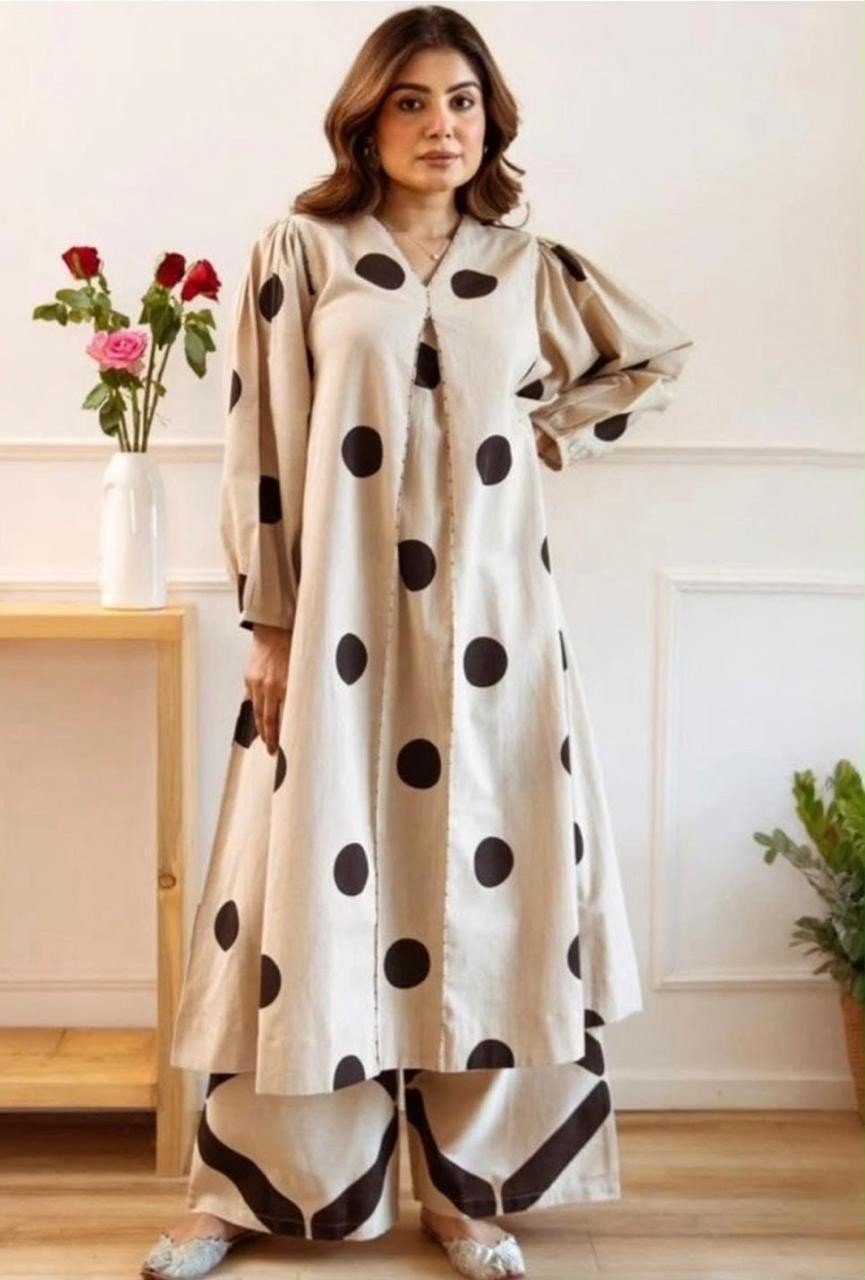 Cotton Linen Polka Dot Kurta Set | Stylish Co-ord – Youteek 1 Cotton Linen Polka Dot Kurta Set – Soft cotton linen fabric with stylish polka dot print. Kurta + Pant co-ord set for casual and everyday ethnic wear. Plus sizes available up to 6XL. Cotton Linen Polka Dot Kurta Set