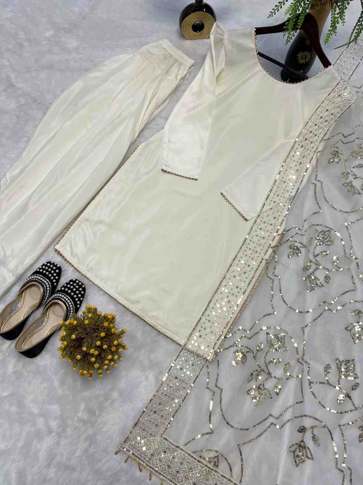 Crepe Silk Farshi Salwar Set | Party Wear Look | Fully Stitched 3 Designer Party Wear Crepe Silk Farshi Salwar Set with fancy lace border work and sequence embroidered butterfly net dupatta. Fully stitched. Size S to XXL. Ready to ship. Crepe Silk Farshi Salwar Set | Party Wear Look | Fully Stitched - Image 3