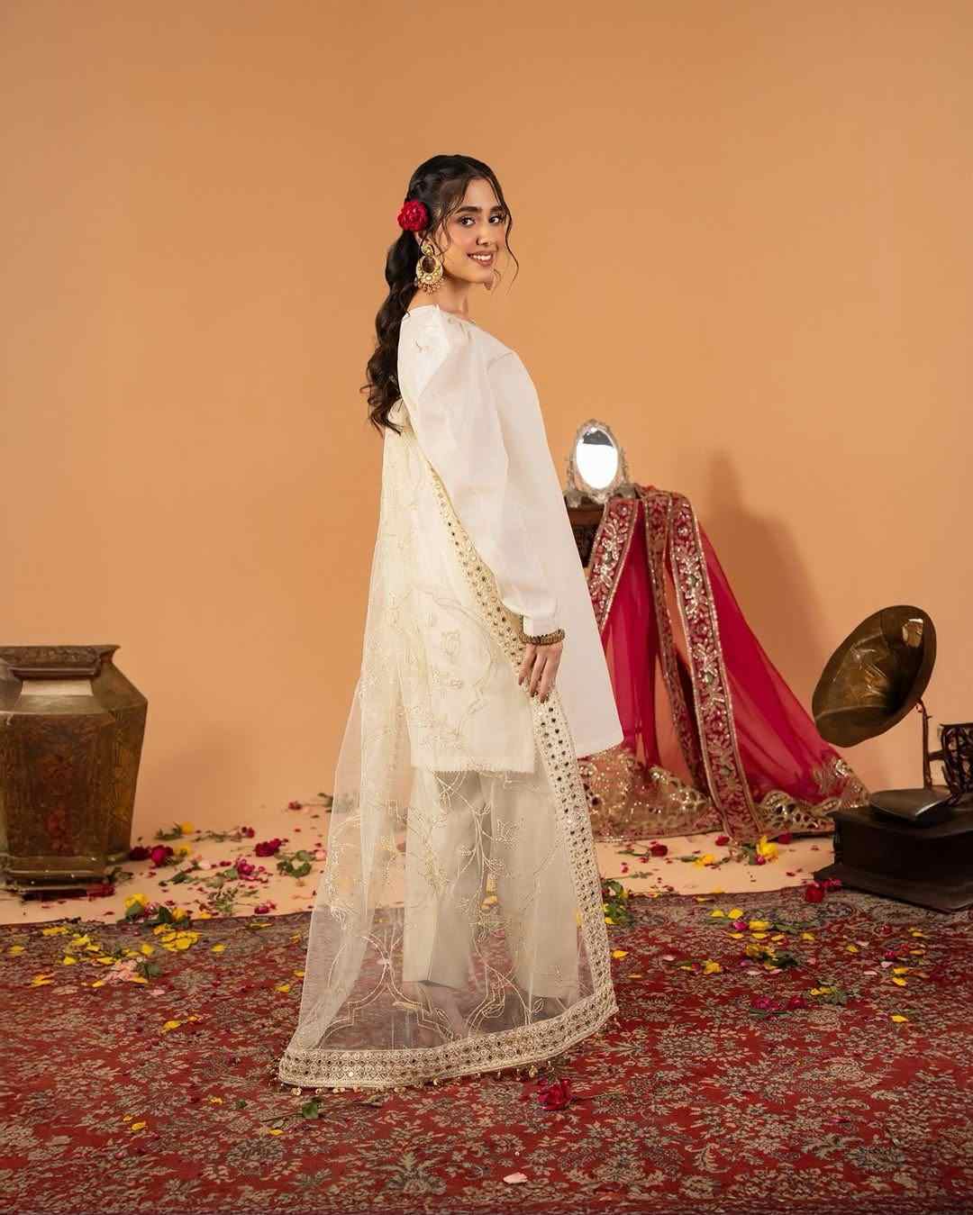 Crepe Silk Farshi Salwar Set | Party Wear Look | Fully Stitched 2 Designer Party Wear Crepe Silk Farshi Salwar Set with fancy lace border work and sequence embroidered butterfly net dupatta. Fully stitched. Size S to XXL. Ready to ship. Crepe Silk Farshi Salwar Set | Party Wear Look | Fully Stitched - Image 2