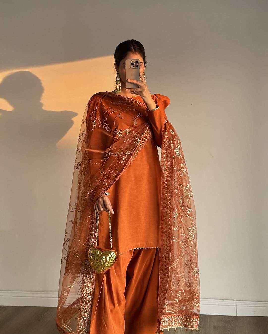 Crepe Silk Farshi Salwar Set | Party Wear Look | Fully Stitched 5 Designer Party Wear Crepe Silk Farshi Salwar Set with fancy lace border work and sequence embroidered butterfly net dupatta. Fully stitched. Size S to XXL. Ready to ship. Crepe Silk Farshi Salwar Set | Party Wear Look | Fully Stitched - Image 5