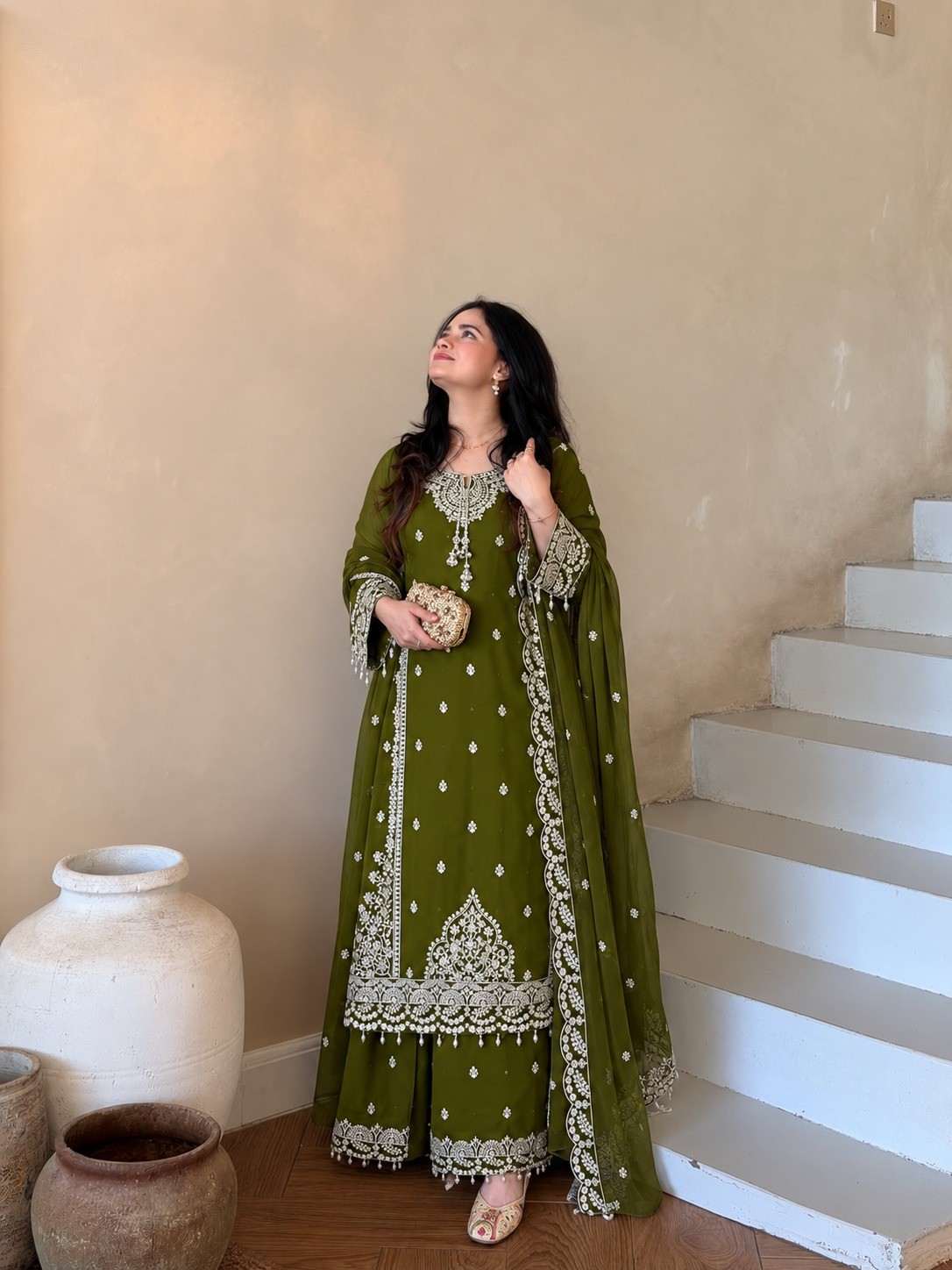 Fox Georgette Palazzo Set | Sequence Embroidery | Fully Stitched 1 Designer Fox Georgette Palazzo Set with sequence embroidery work and fancy latkan. Fully stitched top, free size full flair palazzo and matching dupatta. Size M to XXL. Ready stock Fox Georgette Palazzo Set