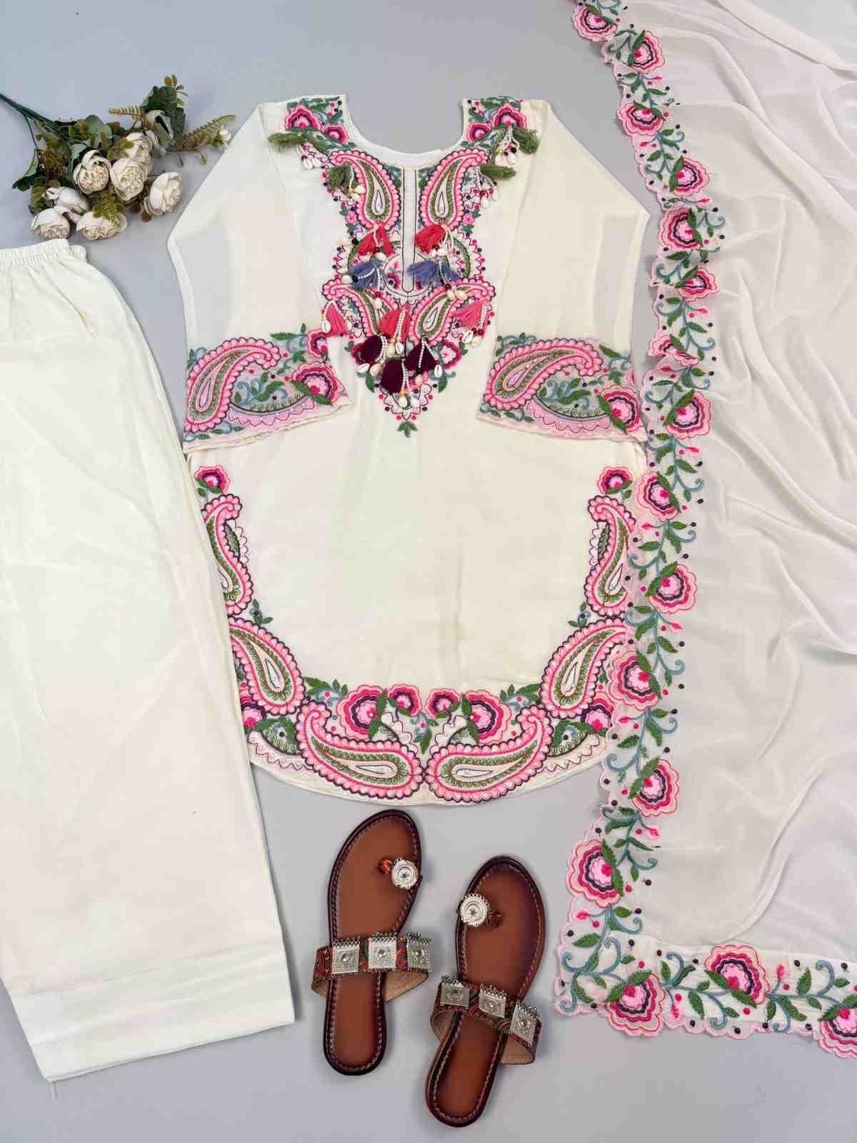 Heavy Georgette Farshi Set | Embroidery Work | Fully Stitched 2 Premium Heavy Georgette Farshi Set with embroidery thread work on top and dupatta. Fully stitched ready to wear. Size M to XXL. Top & Farshi length 39-40 inches. Heavy Georgette Farshi Set | Embroidery Work | Fully Stitched - Image 2