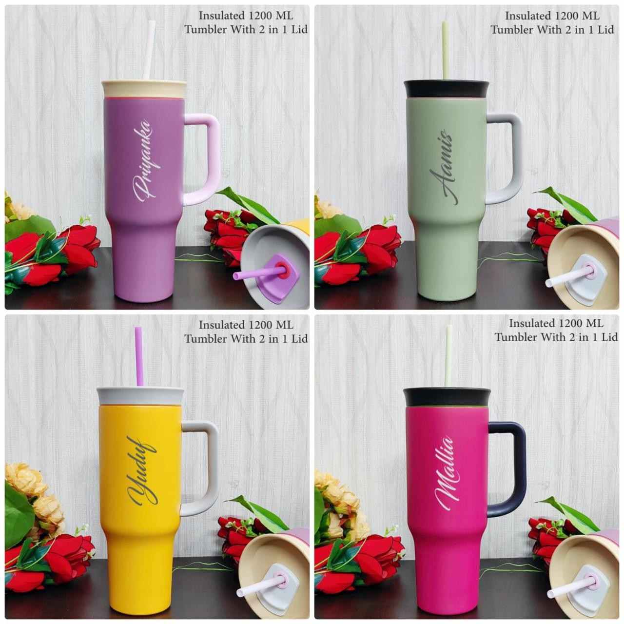 Insulated 2 in 1 Tumbler | 1200 ML Sipper + Straw – Youteek 3 Insulated 2 in 1 Tumbler – High quality insulated tumbler with Sipper + Straw lid. 1200 ML capacity. Any name can be customised. Available in Magenta Pink, Mustard Yellow, Purple & Army Green. Making time 1–2 days. ₹830 including shipping. Insulated 2 in 1 Tumbler | 1200 ML Sipper + Straw – Youteek - Image 3