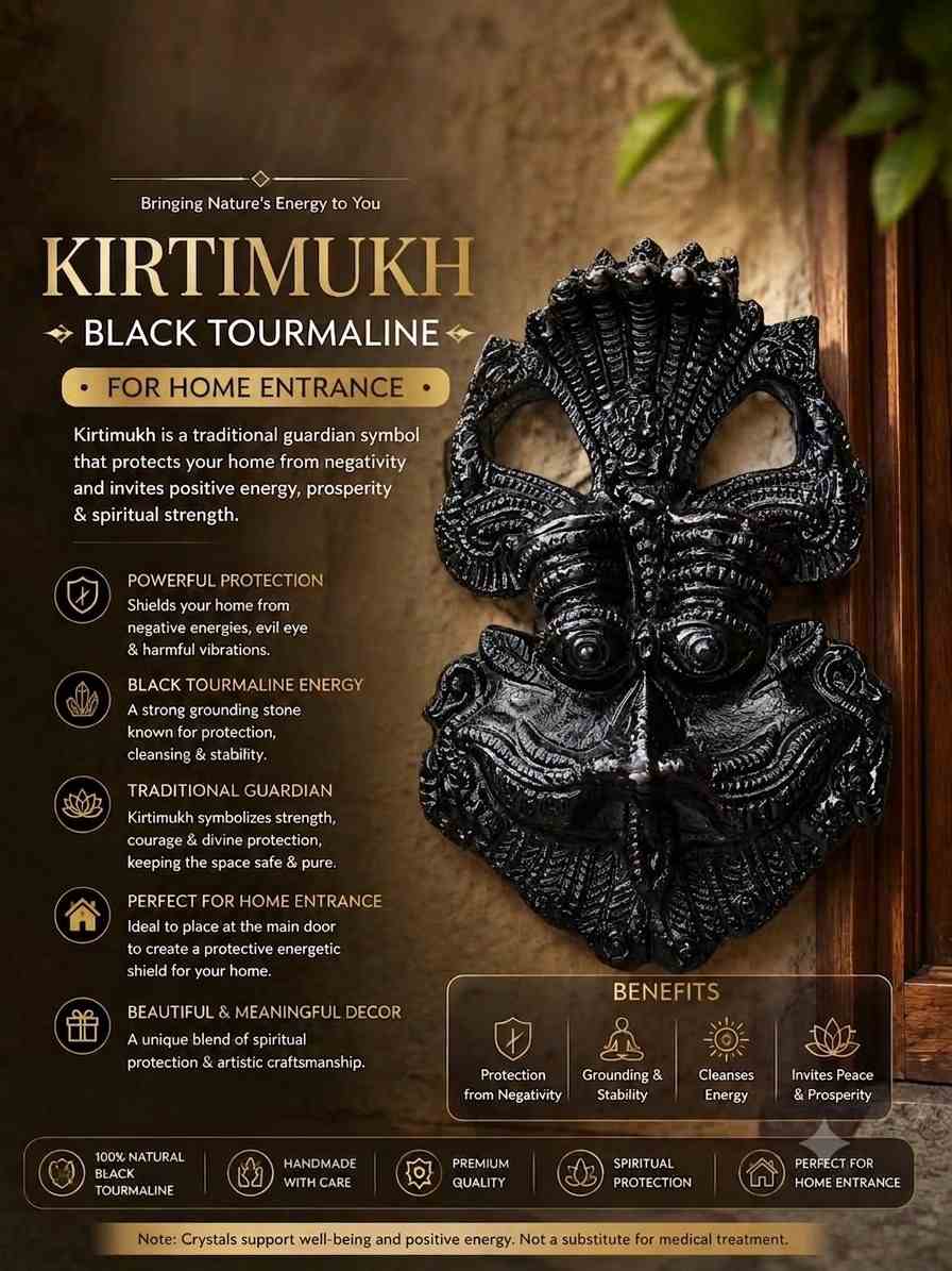 Kirtimukh Black Tourmaline | Powerful Protection Crystal – Youteek 1 Powerful Kirtimukh Black Tourmaline – traditional guardian symbol with natural Black Tourmaline. Offers strong protection, absorbs negative energy and provides grounding. Ideal for Reiki and everyday protection. Kirtimukh Black Tourmaline