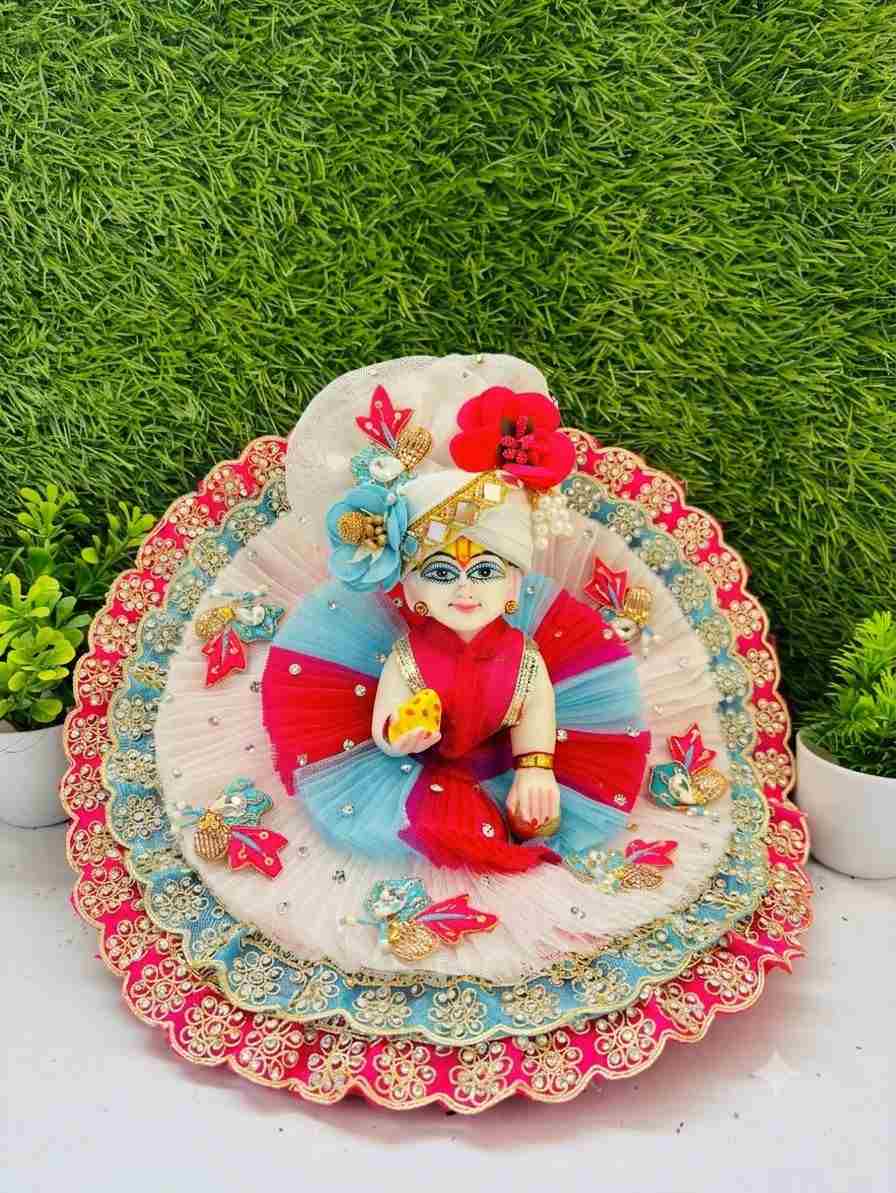Laddu Gopal Poshak with Pagdi | White Blue Pink – Youteek 1 Laddu Gopal Poshak with Pagdi – Beautiful white, blue and pink colour combination with nice embroidery and matching pagdi. Perfect for upcoming festivals. Available in 1no to 6no. Bigger sizes on order. Laddu Gopal Poshak with Pagdi