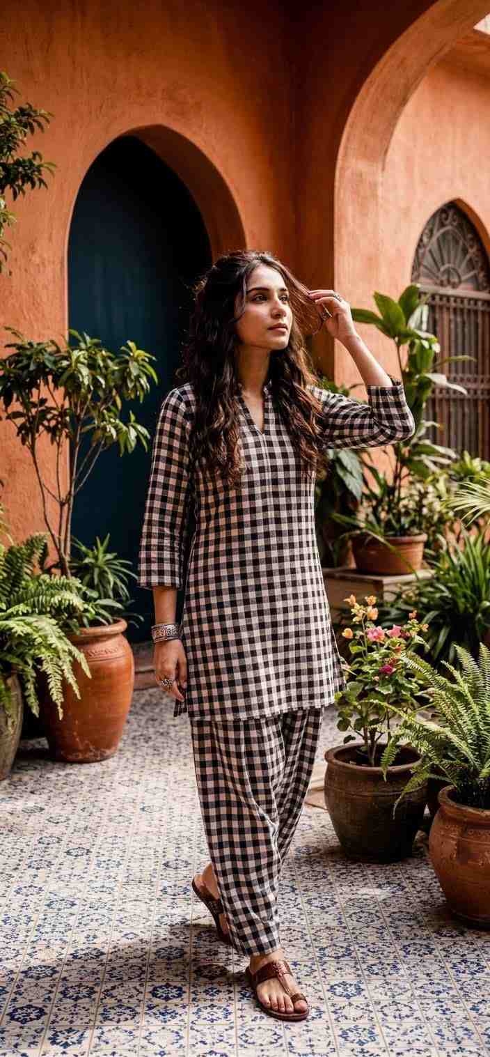 Linen Cotton Farshi Coords Set | Classy Checks Design – Youteek 1 Linen Cotton Farshi Coords Set in finest linen cotton with classy checks design. Top length 36 inches, semi farshi pants 38 inches. Available from S to 6XL (36 to 52 chest). Ready to dispatch. Linen Cotton Farshi Coords Set