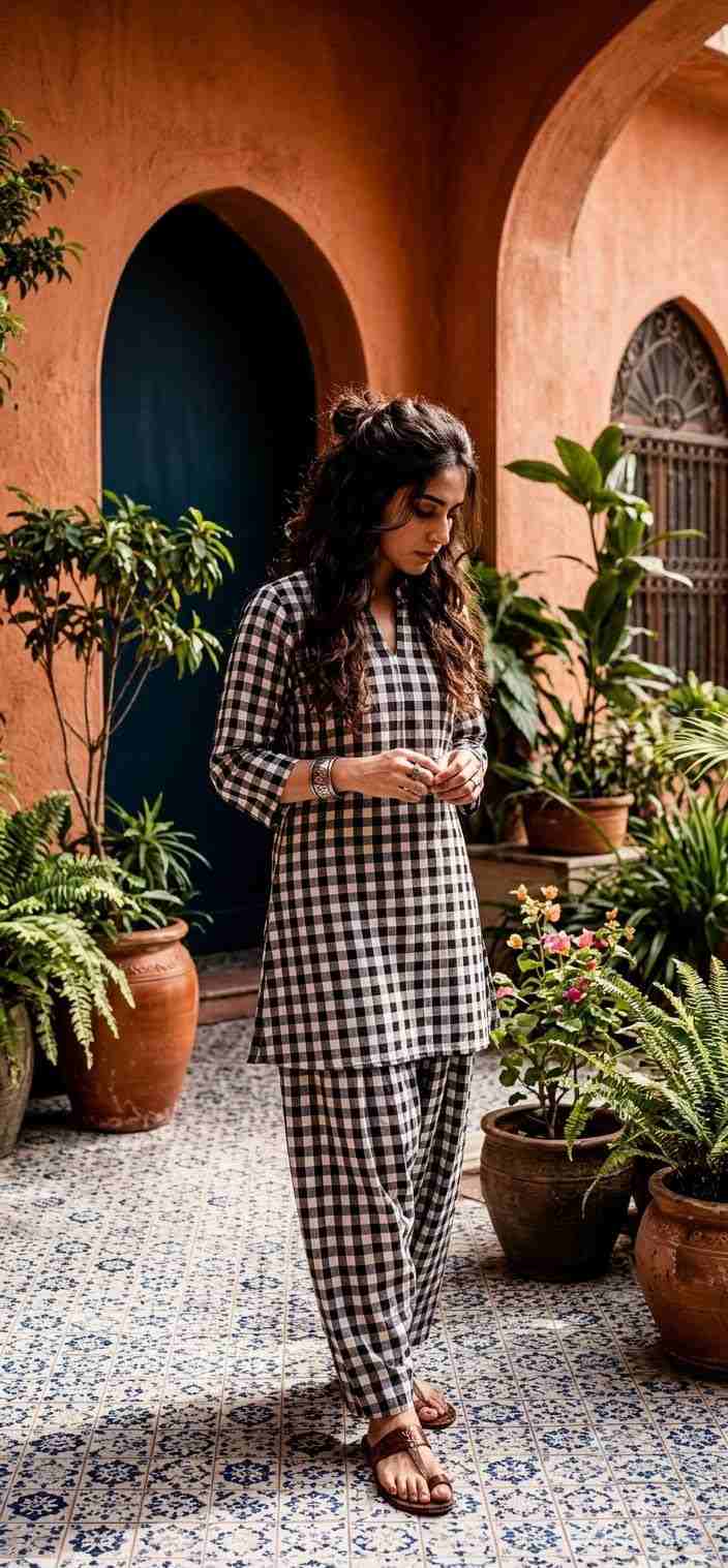 Linen Cotton Farshi Coords Set | Classy Checks Design – Youteek 2 Linen Cotton Farshi Coords Set in finest linen cotton with classy checks design. Top length 36 inches, semi farshi pants 38 inches. Available from S to 6XL (36 to 52 chest). Ready to dispatch. Linen Cotton Farshi Coords Set