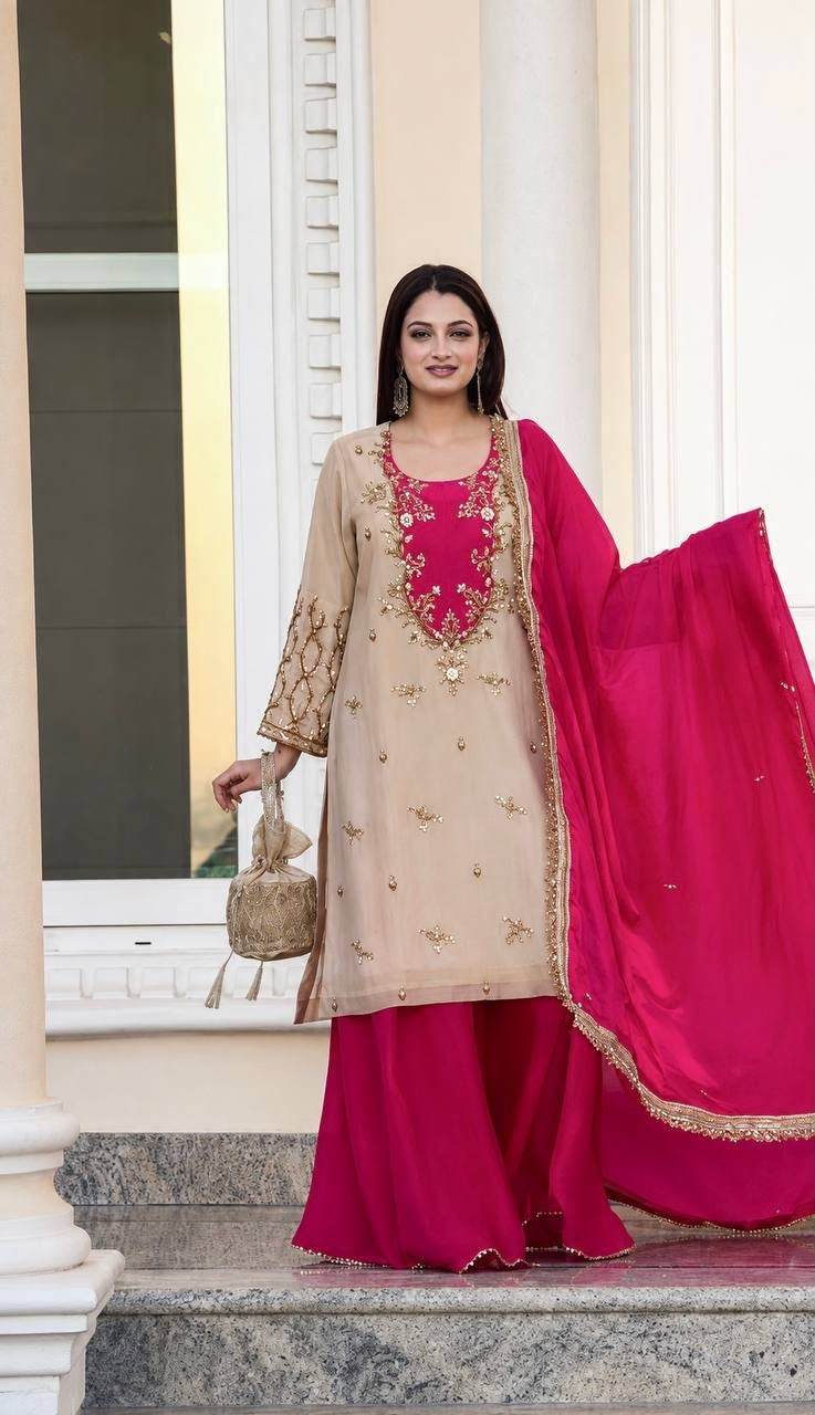 Maska Cotton Top Palazzo Dupatta Set 2026 | Embroidery & Sequence Work 1 Ready to wear Maska Cotton Top Palazzo Dupatta Set with beautiful embroidery & sequence work, full sleeves, heavy micro cotton inner, chinon silk palazzo and lace border dupatta. Available in M to XXL. Maska Cotton Top Palazzo Dupatta Set