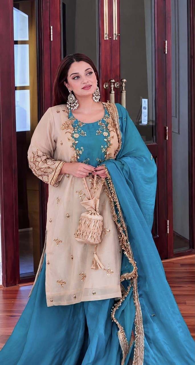 Maska Cotton Top Palazzo Dupatta Set 2026 | Embroidery & Sequence Work 3 Ready to wear Maska Cotton Top Palazzo Dupatta Set with beautiful embroidery & sequence work, full sleeves, heavy micro cotton inner, chinon silk palazzo and lace border dupatta. Available in M to XXL. Maska Cotton Top Palazzo Dupatta Set 2026 | Embroidery & Sequence Work - Image 3