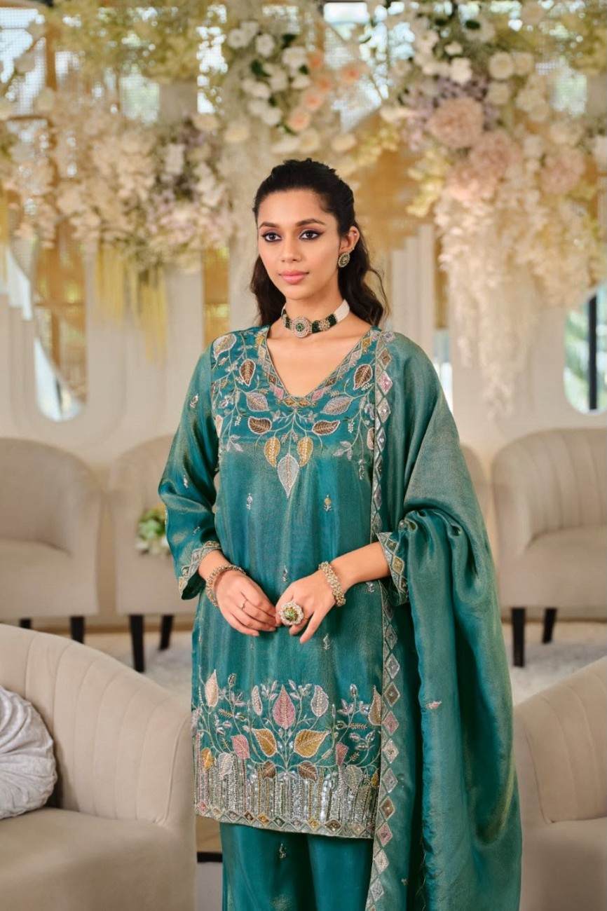 Moss Silk Top Palazzo Dupatta Set 2026 | Trending Ready To Wear 2 Trending Moss Silk Top Palazzo Dupatta Set with 5&3mm sequins embroidery, full sleeves top, micro cotton inner, elastic palazzo and matching embroidered dupatta. Fully stitched in M to XXL. Moss Silk Top Palazzo Dupatta Set 2026 | Trending Ready To Wear - Image 2