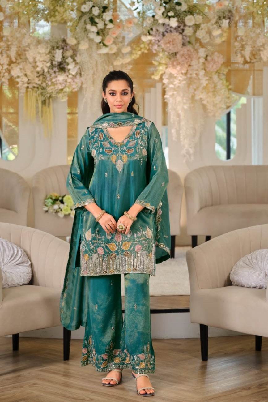 Moss Silk Top Palazzo Dupatta Set 2026 | Trending Ready To Wear 1 Trending Moss Silk Top Palazzo Dupatta Set with 5&3mm sequins embroidery, full sleeves top, micro cotton inner, elastic palazzo and matching embroidered dupatta. Fully stitched in M to XXL. Moss Silk Top Palazzo Dupatta Set