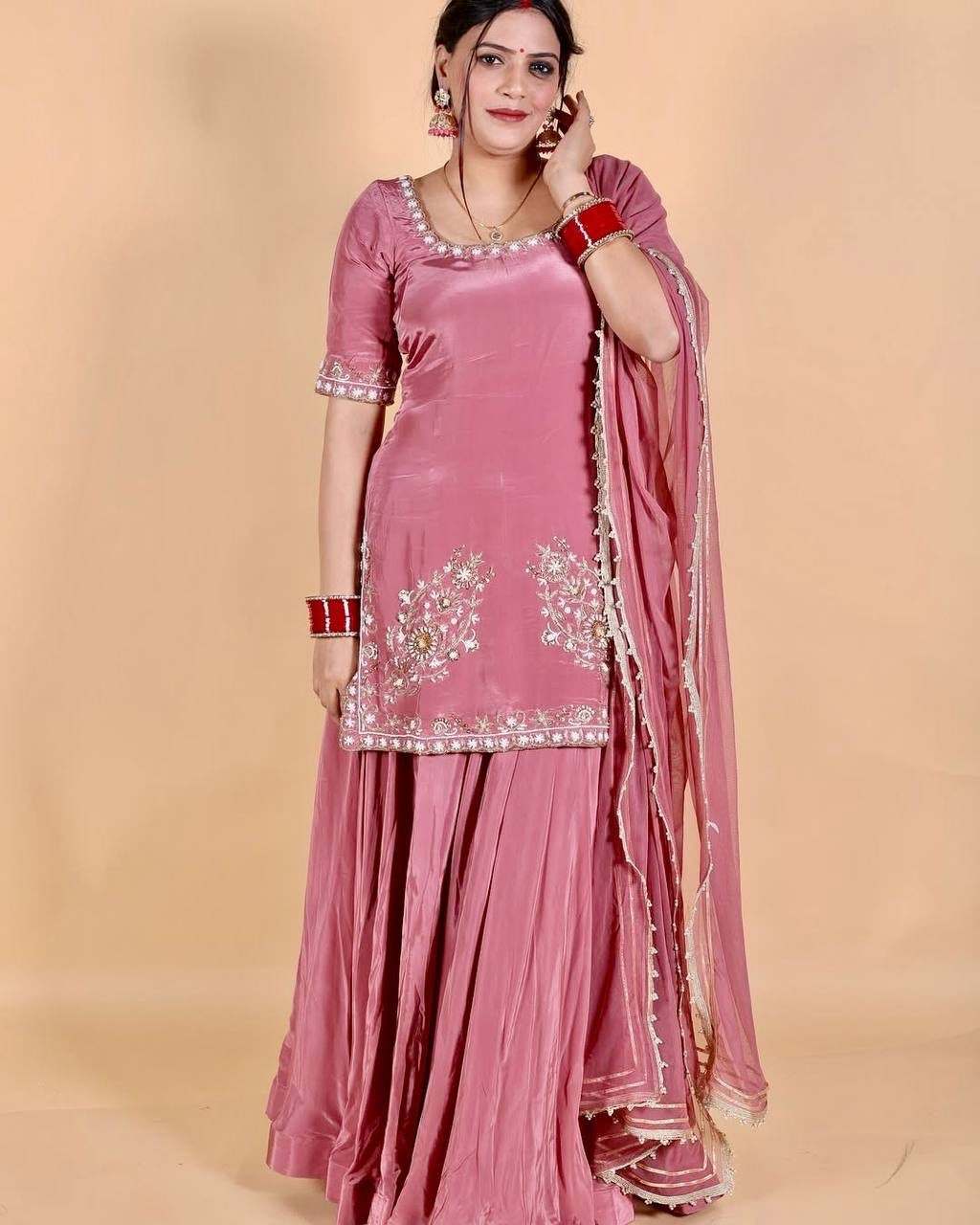 Natural Crepe Sharara Set | Heavy Sequence Embroidery | Fully Stitched 1 Designer Heavy Natural Crepe Sharara Set with heavy embroidered sequence work on top and fancy lace border dupatta. Fully stitched. Top length 40 inches, free size sharara. Max size up to 44. Natural Crepe Sharara Set