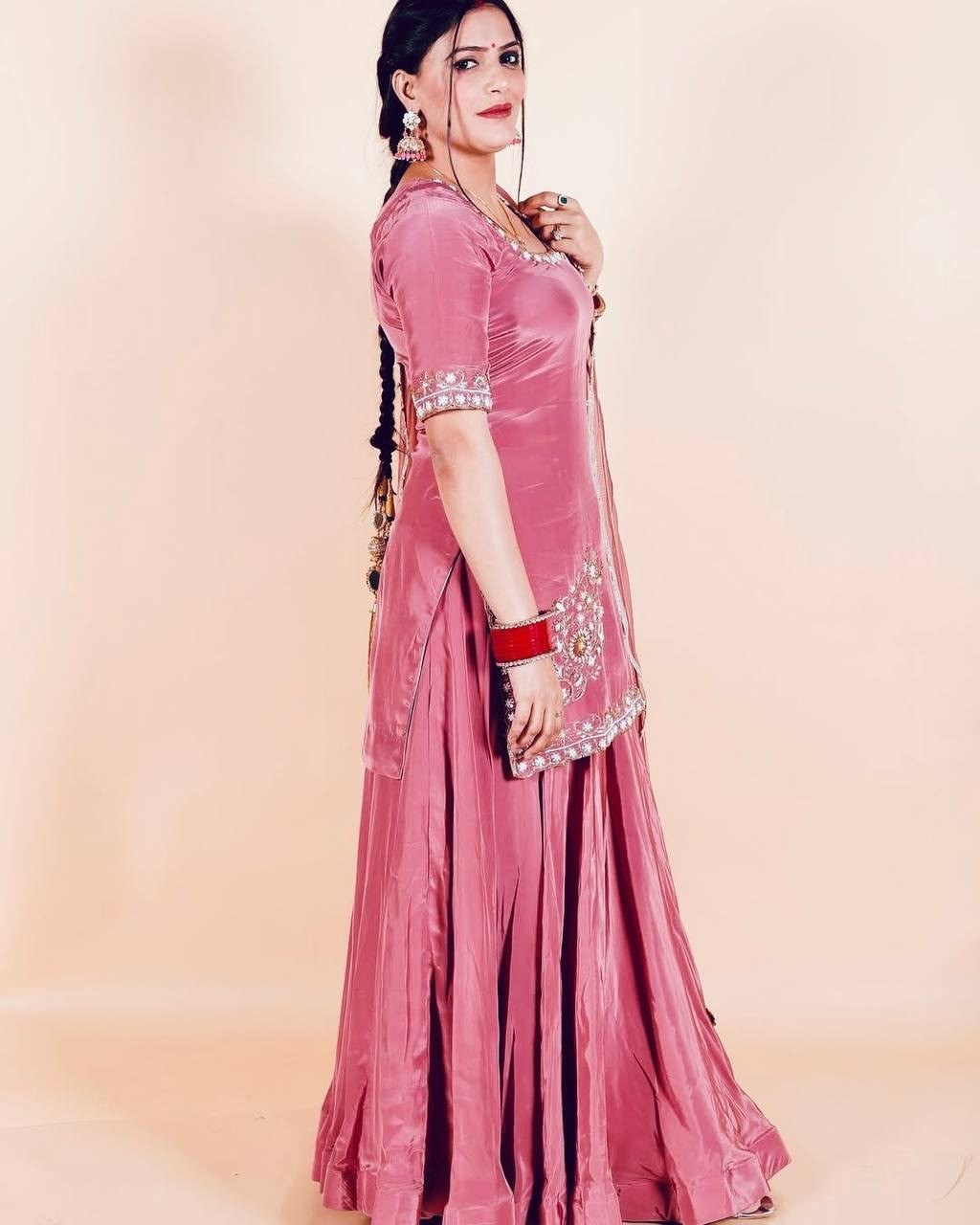 Natural Crepe Sharara Set | Heavy Sequence Embroidery | Fully Stitched 2 Designer Heavy Natural Crepe Sharara Set with heavy embroidered sequence work on top and fancy lace border dupatta. Fully stitched. Top length 40 inches, free size sharara. Max size up to 44. Natural Crepe Sharara Set | Heavy Sequence Embroidery | Fully Stitched - Image 2