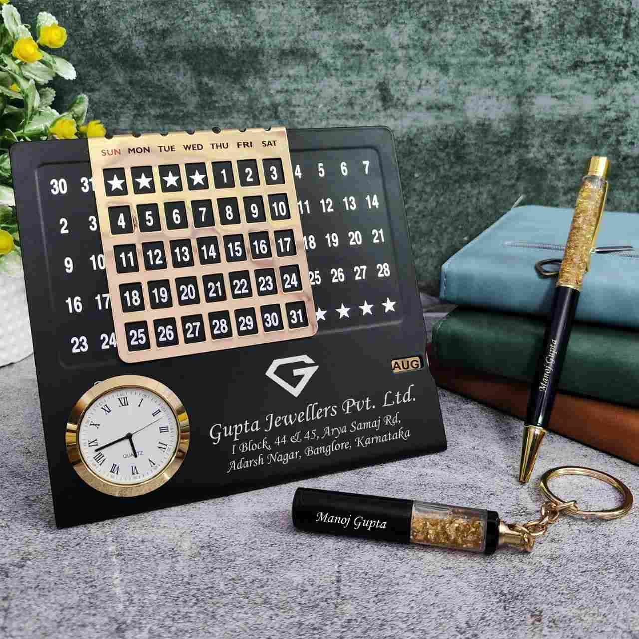 Professional Customised Desk Combo | Metal Calendar Pen Keychain – Youteek 1 Professional Customised Desk Combo – Metal Infinite Calendar Table Top with Clock + Metal Pen + Metal Keychain. Any name, logo or designation can be customised. Available in Doctor, Advocate, CA & Basic themes. Box packing. Making time 3 days. Professional Customised Desk Combo