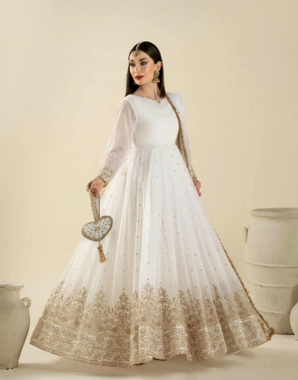 Pure Faux Georgette Gown Set | Heavy Sequence Work | Party Wear 1 Party Wear Pure Faux Georgette Gown Set with heavy embroidery 3mm sequence work. Gown length 52-53 inches with 3 meter flair, matching sequence dupatta and micro cotton bottom. Fully stitched. Size M to XXL. Pure Faux Georgette Gown Set