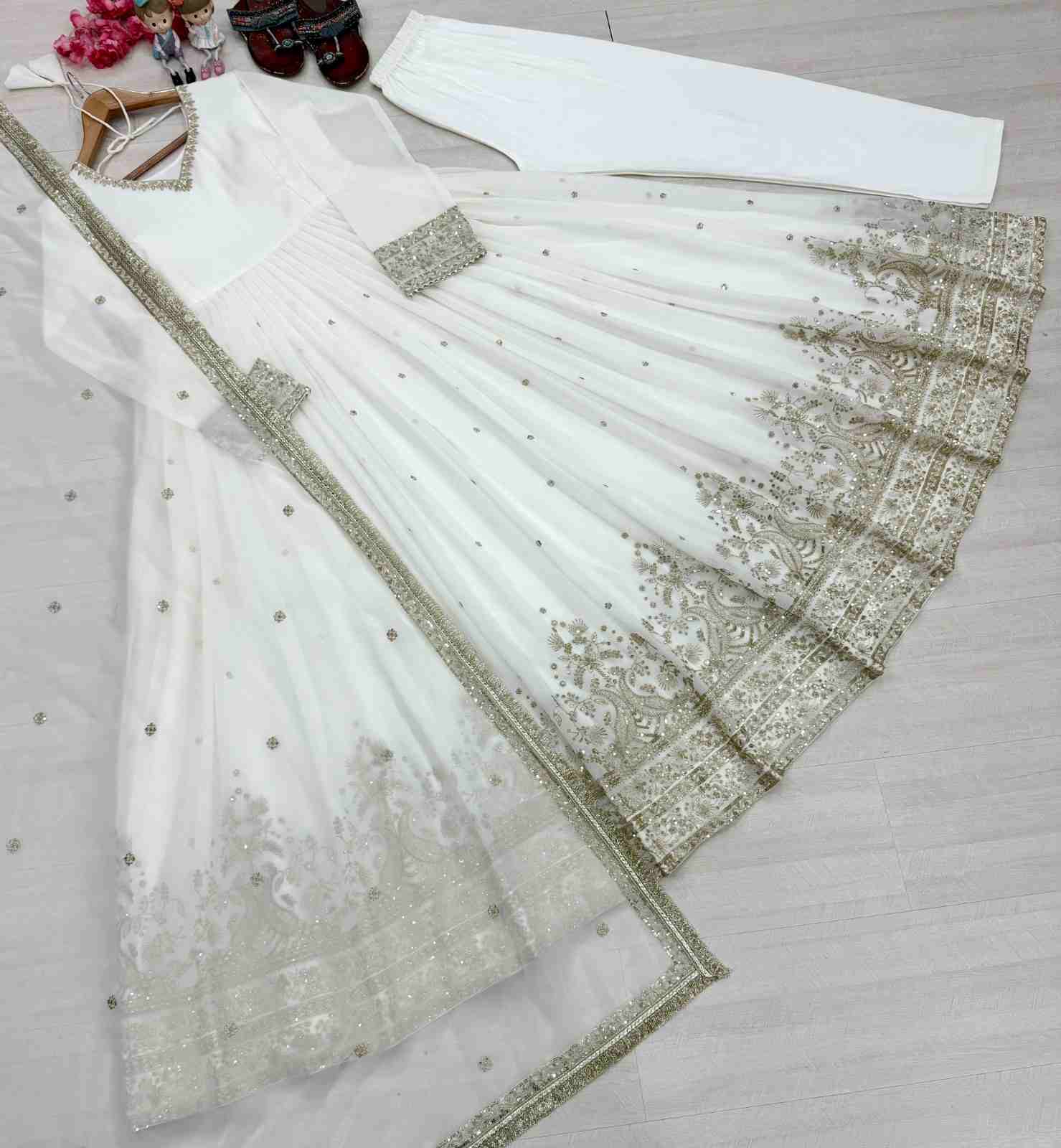 Pure Faux Georgette Gown Set | Heavy Sequence Work | Party Wear 2 Party Wear Pure Faux Georgette Gown Set with heavy embroidery 3mm sequence work. Gown length 52-53 inches with 3 meter flair, matching sequence dupatta and micro cotton bottom. Fully stitched. Size M to XXL. Pure Faux Georgette Gown Set | Heavy Sequence Work | Party Wear - Image 2