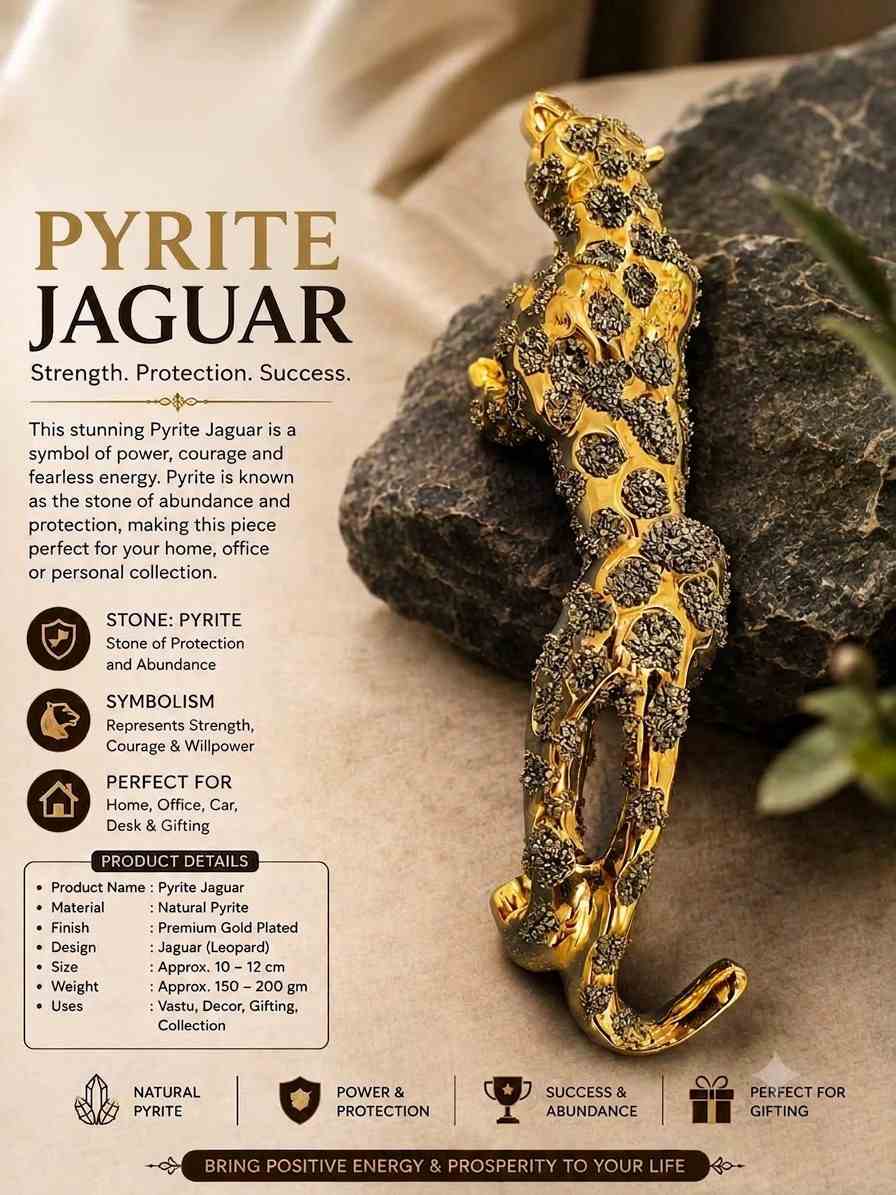 Pyrite Jaguar | Strength, Protection & Prosperity – Youteek 1 Beautifully crafted Pyrite Jaguar – symbol of strength, protection and prosperity. Natural pyrite finish that attracts wealth and shields against negative energy. Perfect for home, office and Vastu décor. Pyrite Jaguar