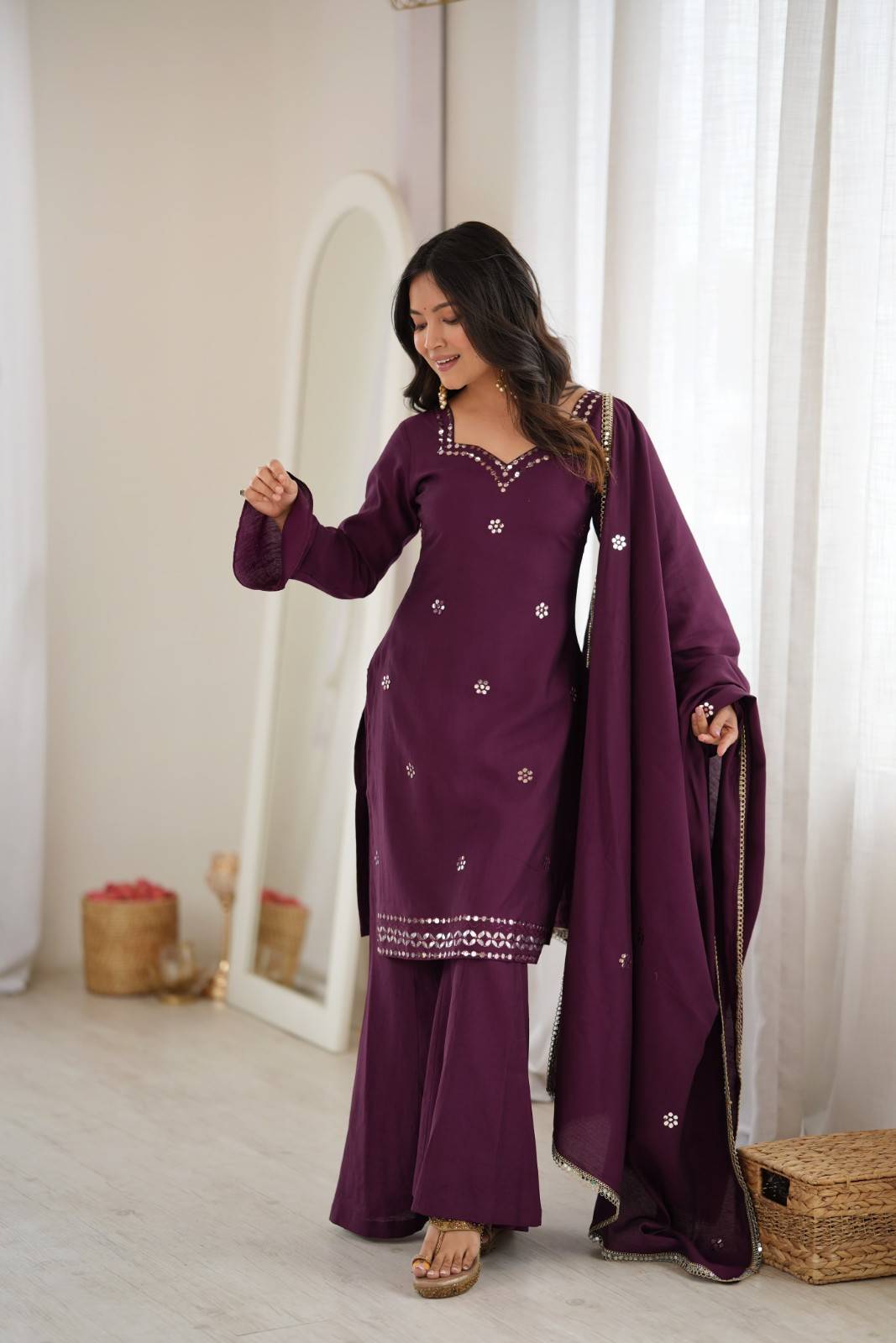 Roman Silk Palazzo Set | Foil Paper Work | Festival Special 2 Designer Roman Silk Palazzo Set with foil paper work on top and embroidery on dupatta. Fully stitched ready to wear. Size S to XXL. Perfect for festival season. Roman Silk Palazzo Set | Foil Paper Work | Festival Special - Image 2