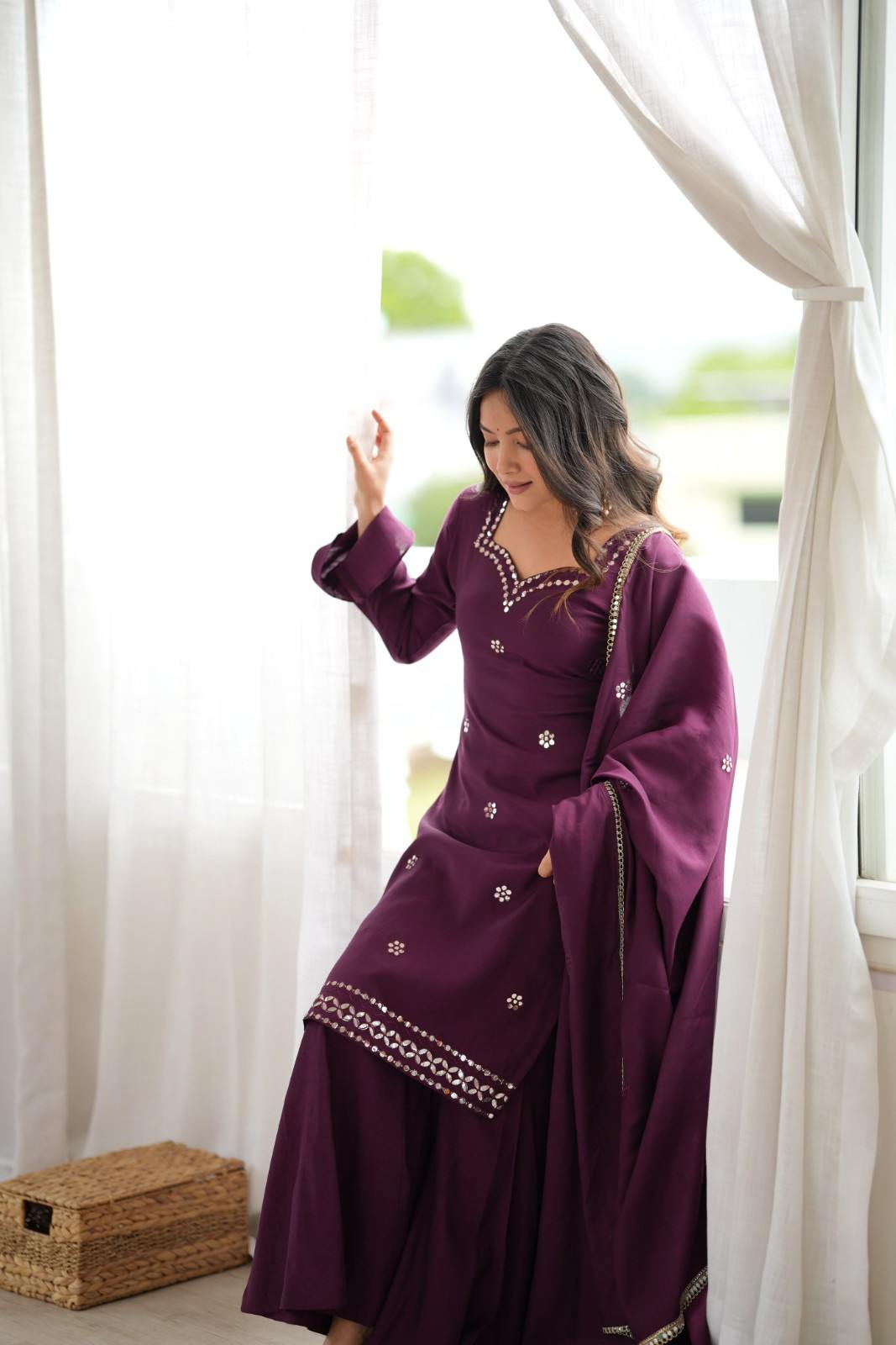 Roman Silk Palazzo Set | Foil Paper Work | Festival Special 1 Designer Roman Silk Palazzo Set with foil paper work on top and embroidery on dupatta. Fully stitched ready to wear. Size S to XXL. Perfect for festival season. Roman Silk Palazzo Set