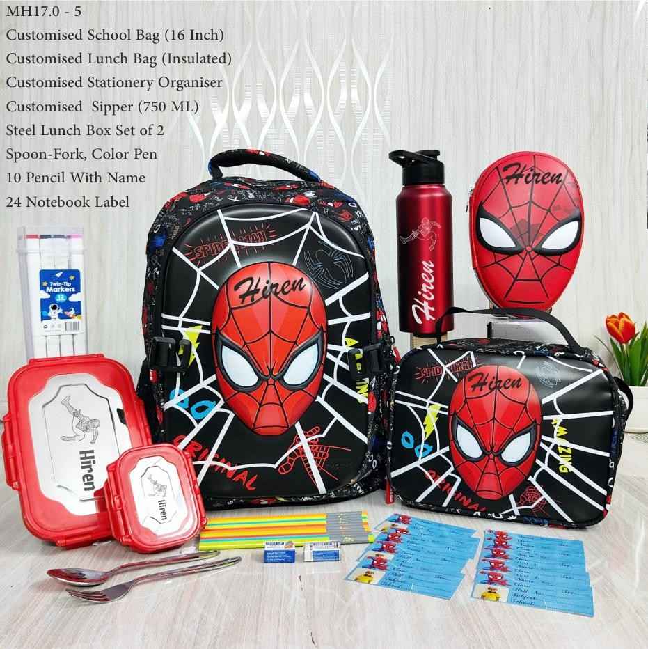 Spider-Man Customised School Bag Hamper | 16 Inch – Youteek 1 Spider-Man Customised School Bag Hamper – Premium 16 inch school bag with name customisation + insulated lunch bag and more combo options. High quality print & durable material. Making time 1–2 days. Any name can be customised. Spider-Man Customised School Bag Hamper