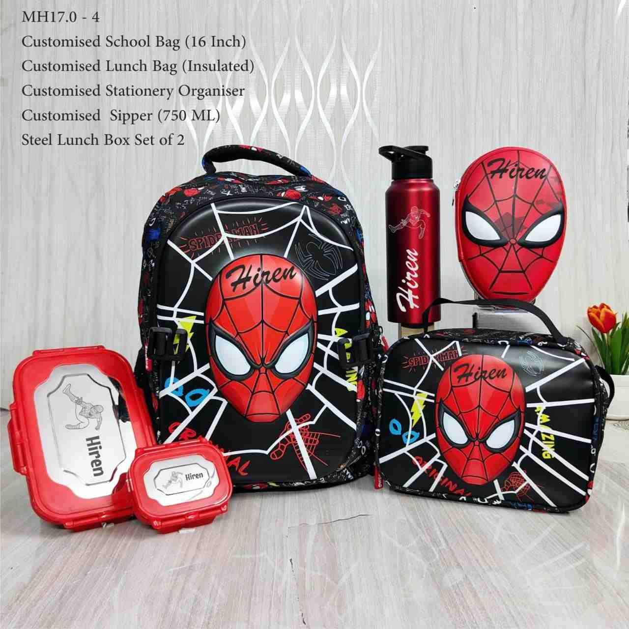 Spider-Man Customised School Bag Hamper | 16 Inch – Youteek 6 Spider-Man Customised School Bag Hamper – Premium 16 inch school bag with name customisation + insulated lunch bag and more combo options. High quality print & durable material. Making time 1–2 days. Any name can be customised. Spider-Man Customised School Bag Hamper | 16 Inch – Youteek - Image 6