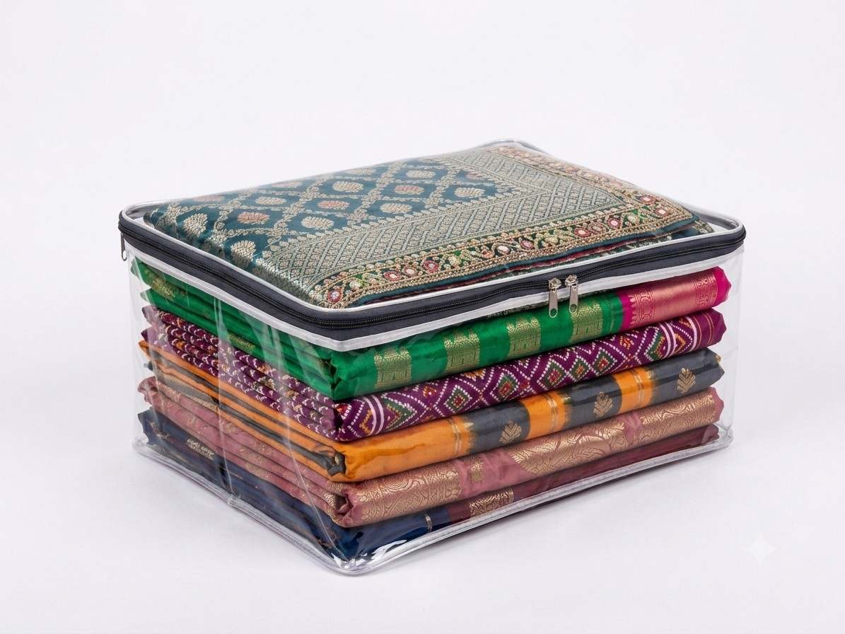 Transparent Saree Cover | 0.30 mm Sturdy High Clarity – Youteek 1 Transparent Saree Cover (Code S014) – 0.30 mm sturdy high-clarity version. Size 13.5 x 16.75 x 8 inches. Capacity 10-11 sarees. Lightweight 190 gm. Ideal for neat saree storage and protection. Transparent Saree Cover