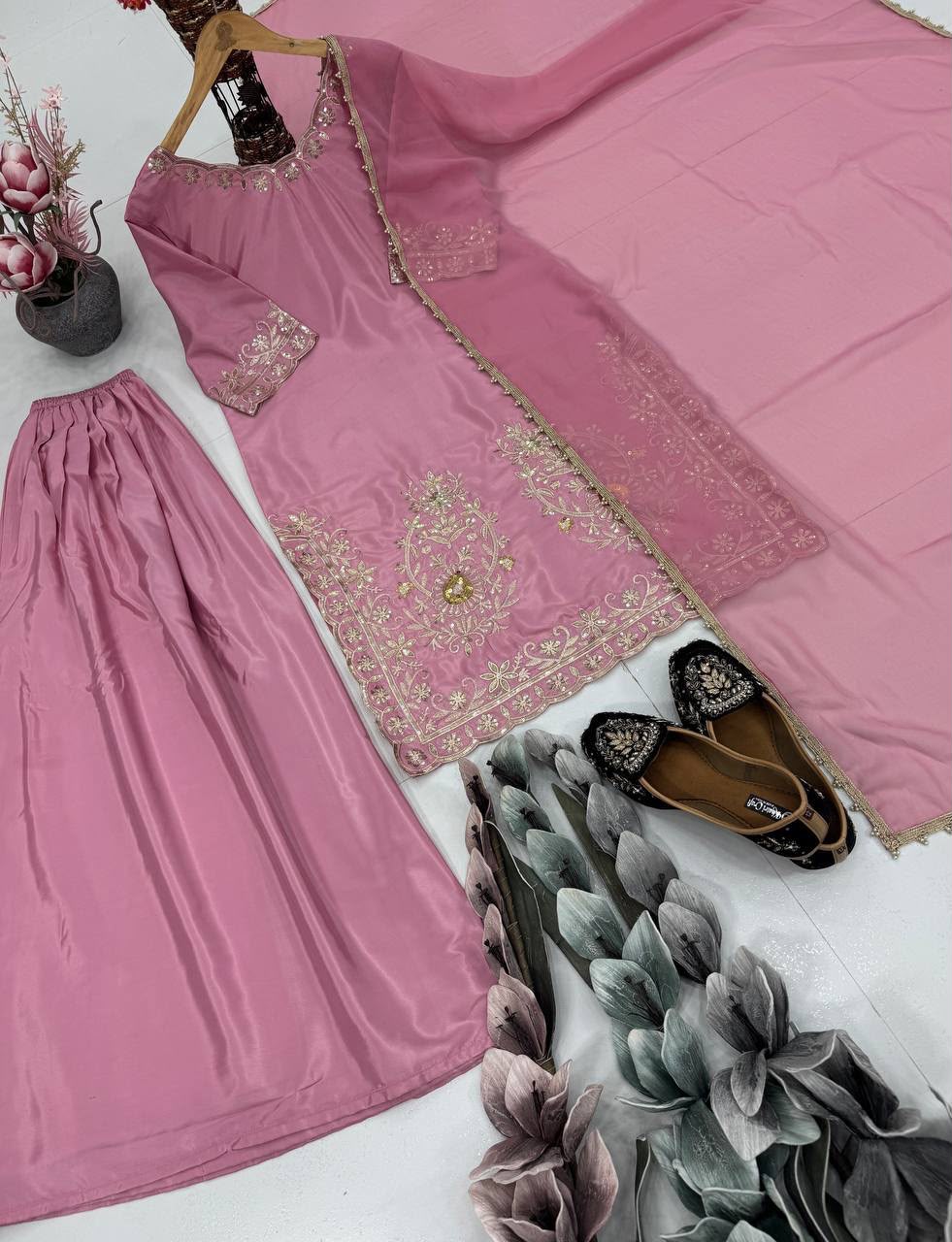 Natural Crepe Sharara Set | Heavy Sequence Embroidery | Fully Stitched 3 Designer Heavy Natural Crepe Sharara Set with heavy embroidered sequence work on top and fancy lace border dupatta. Fully stitched. Top length 40 inches, free size sharara. Max size up to 44. Natural Crepe Sharara Set | Heavy Sequence Embroidery | Fully Stitched - Image 3